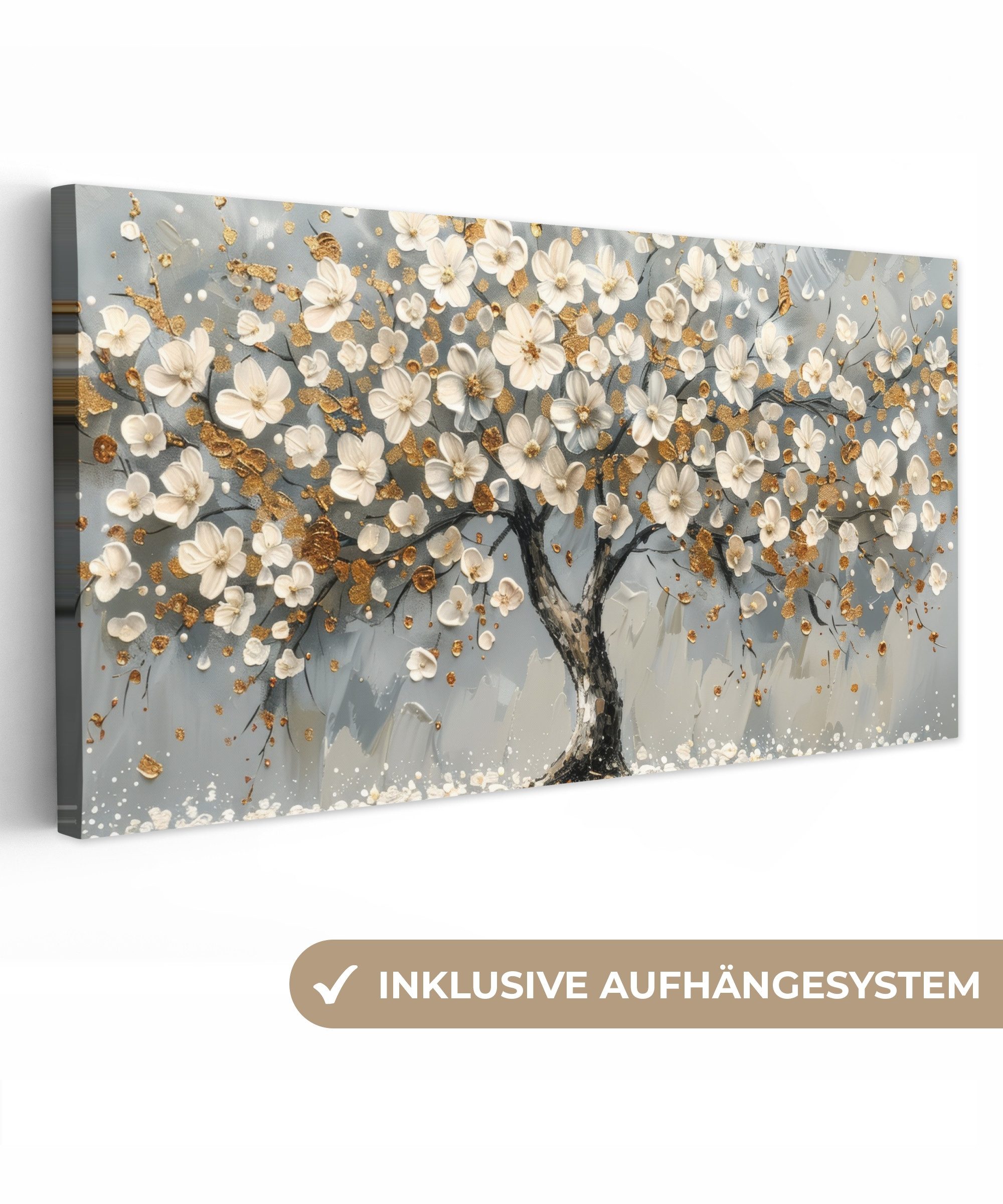 OneMillionCanvasses® Leinwandbild Panorama Baum - Gold - Blumen - Abstrakt günstig online kaufen
