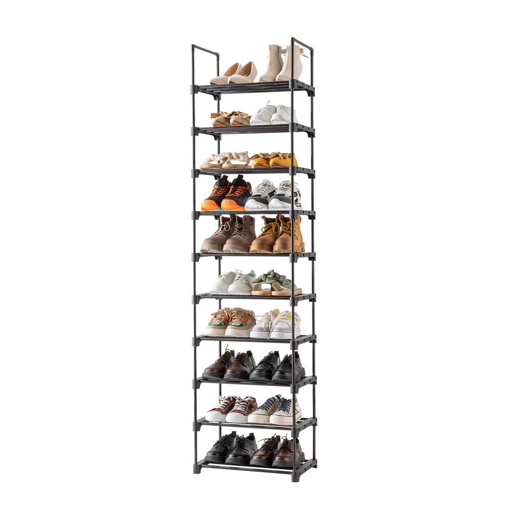 HT Schuhregal 45x30x174cm, 10 Lagen mit Durchmesser 13mm Eisenrohr, Kunststoff-Schuhregal, schwarz