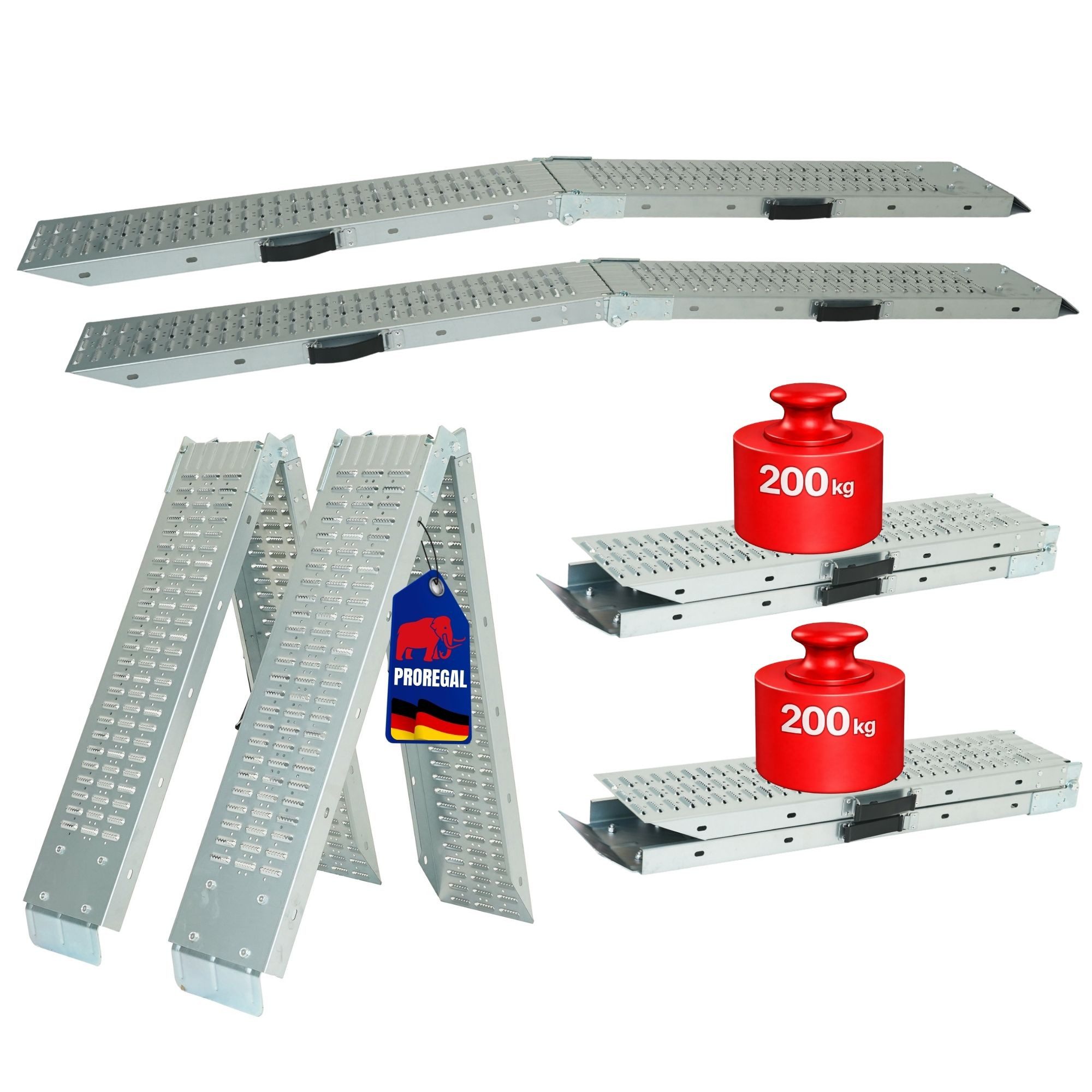PROREGAL® Auffahrrampe TITAN 2 St. 185cm Traglast 200kg pro Laderampe rutschfeste Oberfläche, Robuste Rampe rutschfeste Oberfläche Verzinkt mit Tragegriff