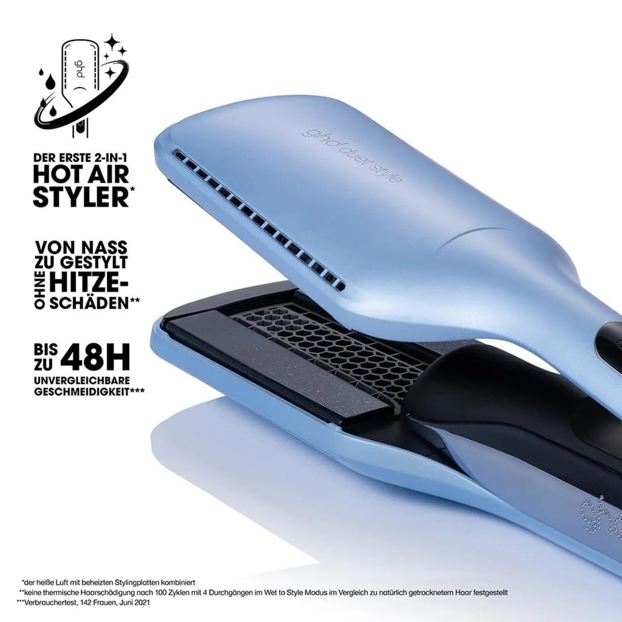 GHD Glätteisen Ghd Duet Style 2-in-1 Hot Air Styler - icy blue Keramik, Set bestehend aus Air Styler und Aufbewahrungstasche, 2 in 1 Trocknen und Stylen