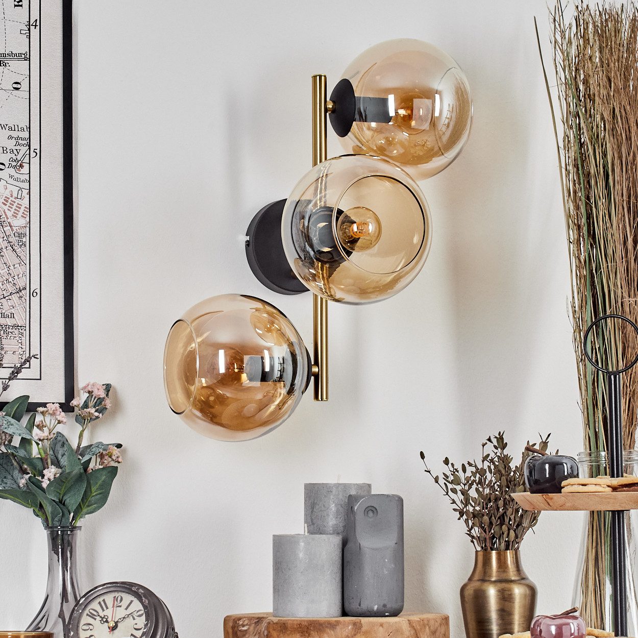 hofstein Deckenleuchte Wandlampe aus Metall/Glas in Schwarz/Gold-/Bernsteinfarben, moderne Wandleuchte im Retro/Vintage-Design (Schirme 15 cm), E14