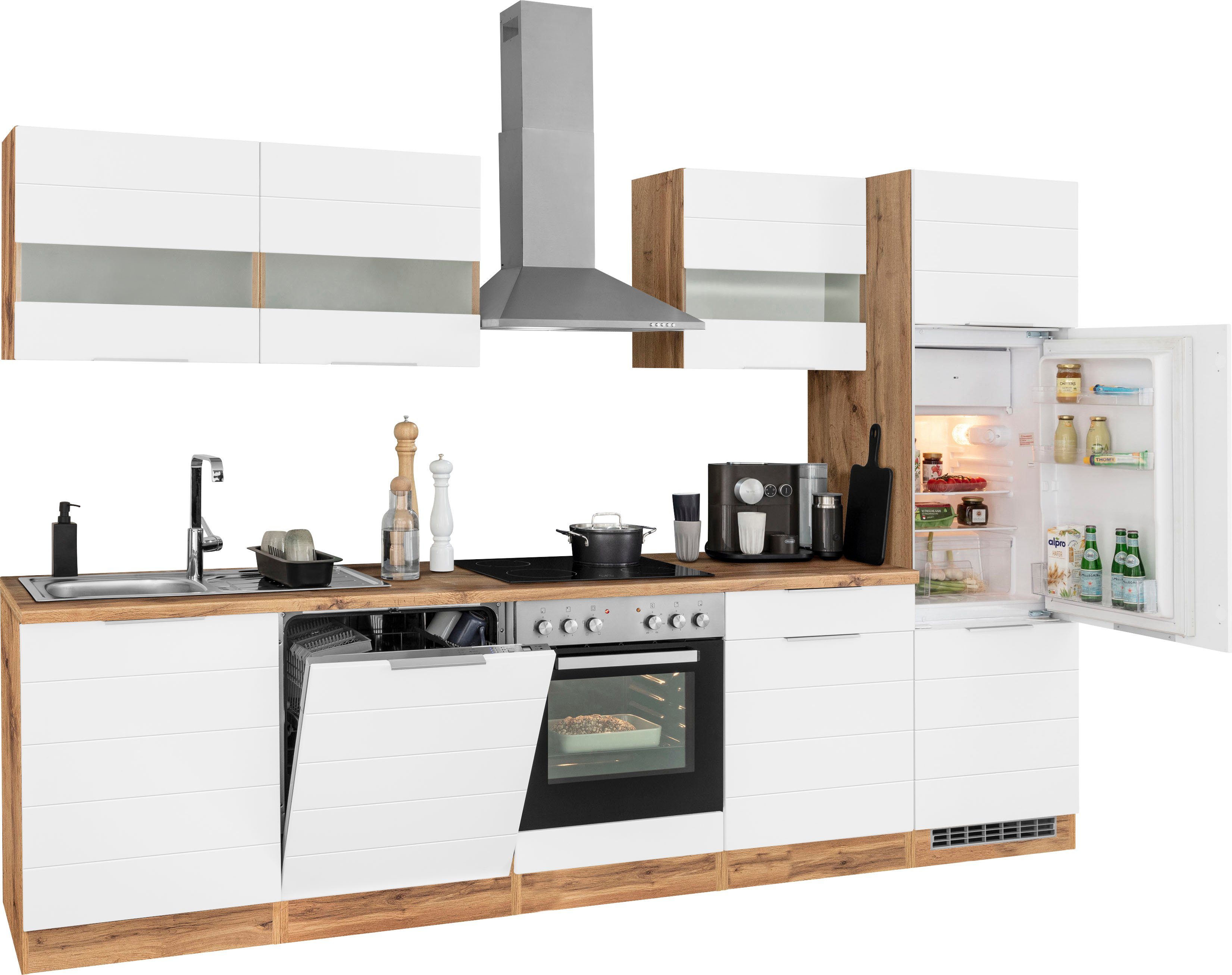 KOCHSTATION Küchenzeile KS-Luhe, 300 cm breit, wahlweise mit oder ohne E-Geräten, gefräste MDF-Fronten