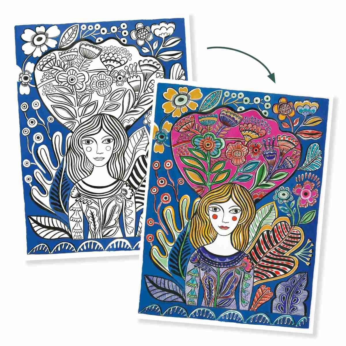 DJECO Kreativset Ausmalbilder XL Colouring Gallery 38 x 28 cm 3 Ausmalbilder Poster