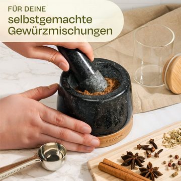 Praknu Mörser und Stößel Granit Klein - Leicht zu Reinigen - Plastikfreie Verpackung, Für ein feines Mahlergebnis - Untersetzer aus nachhaltigem FSC Holz