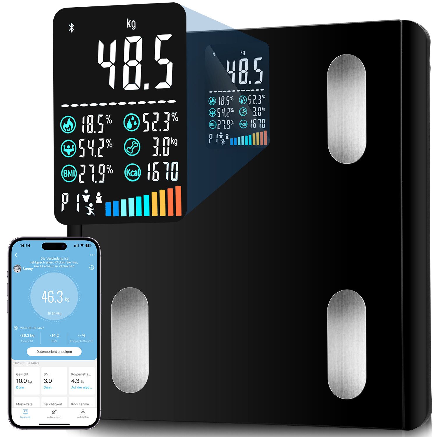 JVJH Körper-Analyse-Waage Körperfettwaage mit Großem Display, Waage mit Körperfettanalyse, Waage mit Körperfett und Muskelmasse, Bluetooth Waage Personen mit App, Körperwaage Digital mit 19 Messwerten