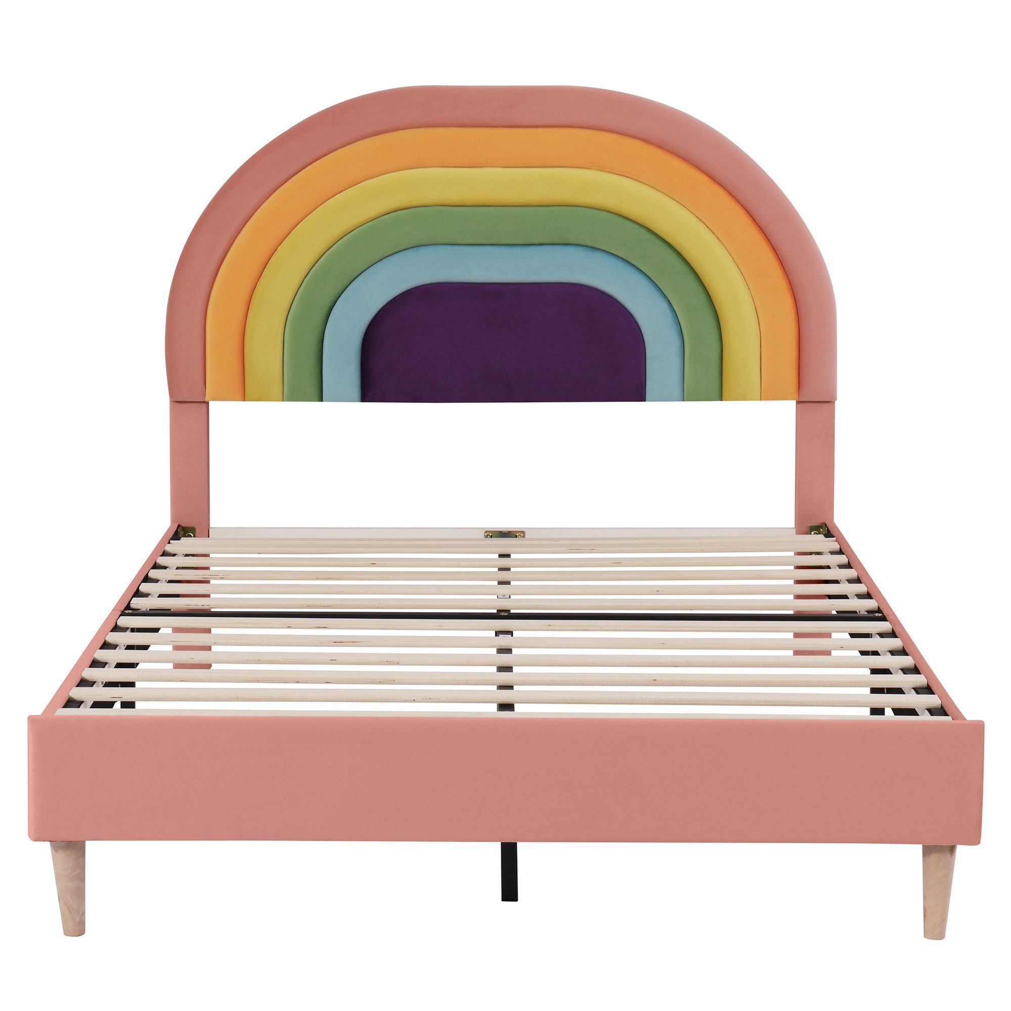 Polsterbett (Jugendbett mit Lattenrost), Kinderbett mit verstellbarem Regenbogen-Kopfteil, 140x200 cm, Samt
