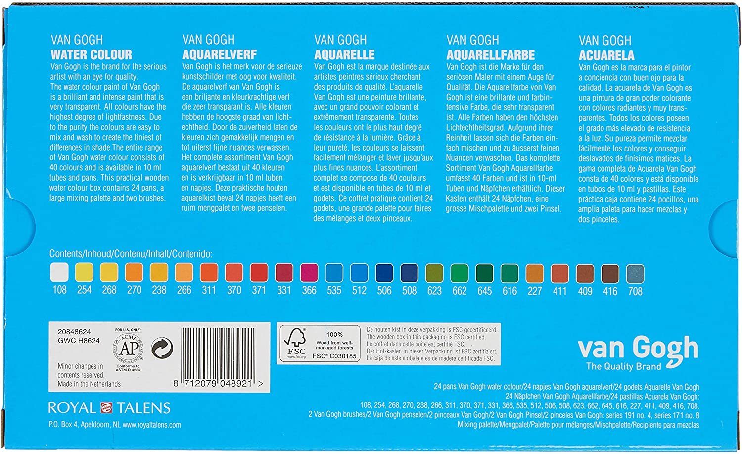 Talens art creation Aquarellfarbe Van Gogh Künstler Aquarellfarben im Holzkasten - Geschenkset, inkl. 2 Pinsel und Mischpalette