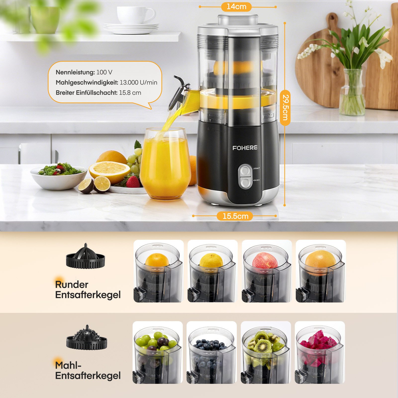 FOHERE Zitruspresse Elektrische Zitruspresse, 100W Leiser Motor, BPA-frei, 2 Presskegeln, 100 W, mit tropffreier Düse, aus BPA-freiem ABS-Material – Bild 5 von 5