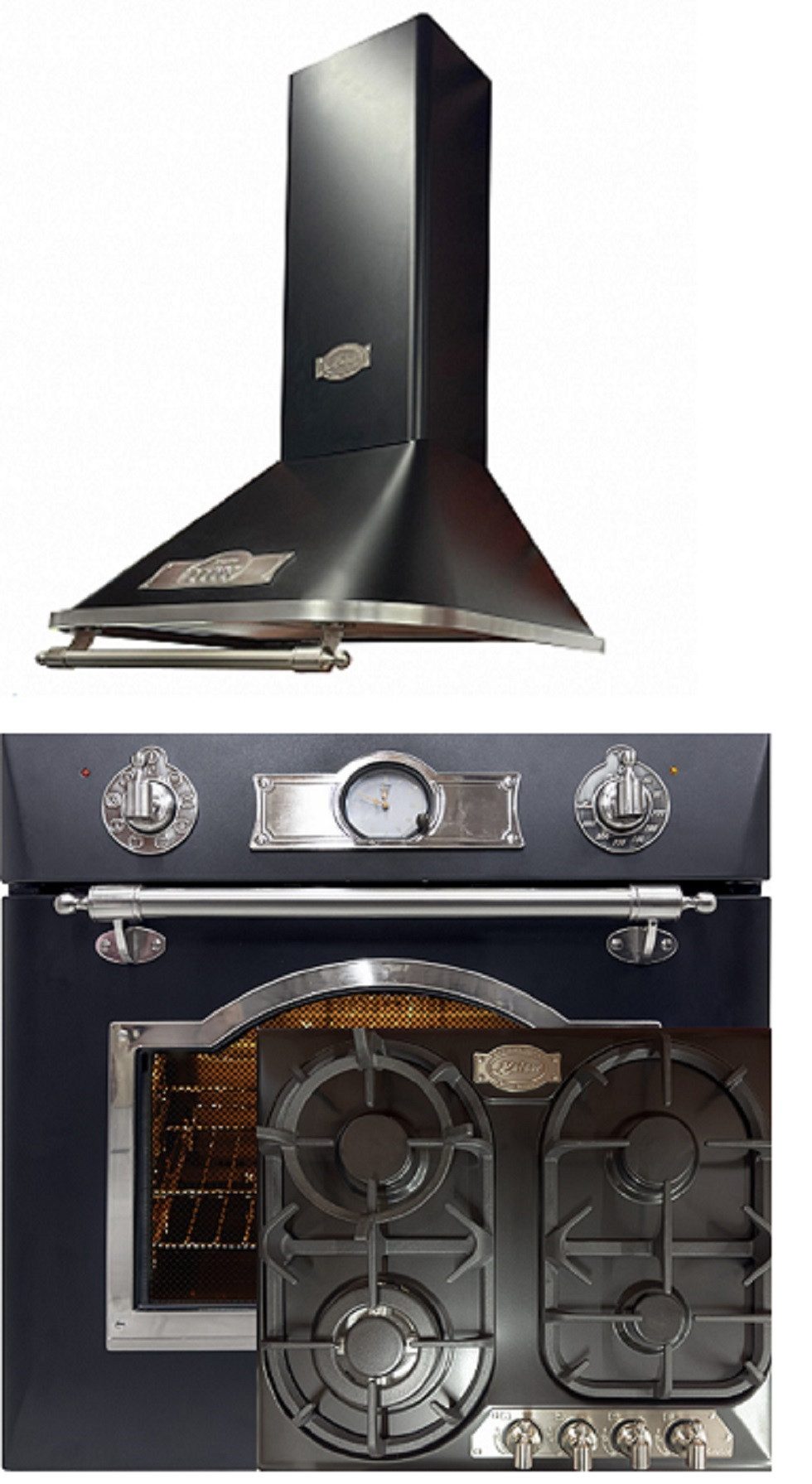Kaiser Küchengeräte Backofen-Set Herd Set Autark Elektro Backofen, Selbstreinigung, Drehspieß, 8 Funktionen mit Gaskochfeld, 4 flammig, 60 cm mit Dunstabzugshaube 60 cm Silber, 910 m³/h EH 6355 Em Sil+KG 6325 Em Sil Turbo+A 6315 Em Sil Eco.., mit 1-fach-Teleskopauszug