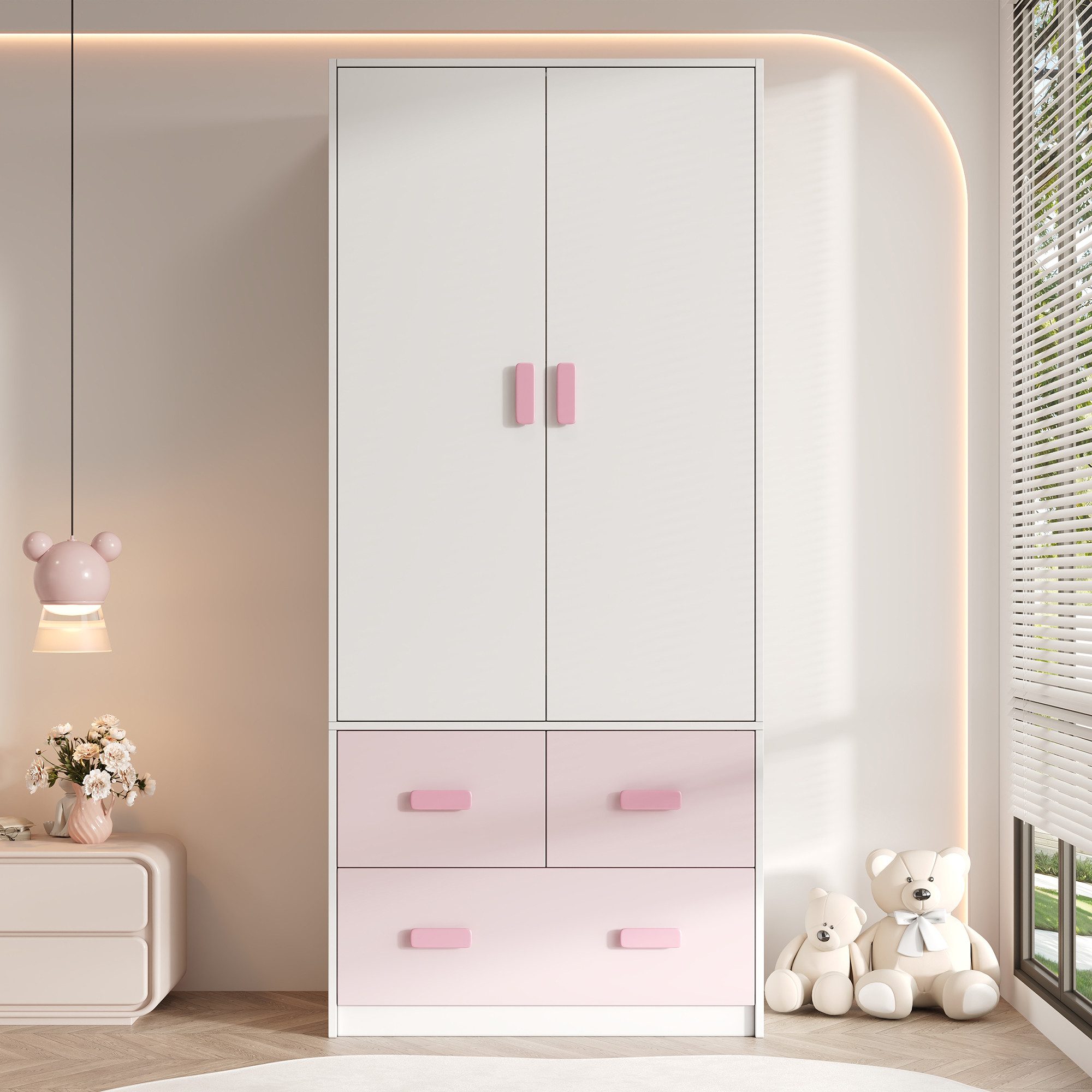STILVORA Kleiderschrank 2-türiger Kinderkleiderschrank mit Kleiderstange, Weiß und Rosa (Kleiderschrank 2-türig, mit Stange, 3 Schubladen, Weiß+Rosa, Holzwerkstoff, stabil, Kippschutz, 80×48×180cm, langlebig) für Kinderzimmer, Schlafzimmer, Jugendzimmer, Aufbewahrung