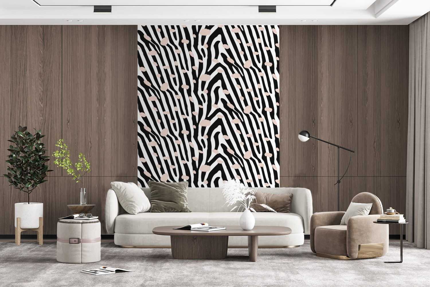 Rosa Safari Wohnzimmer, bedruckt, (3 - Wandtapete Montagefertig Tapete MuchoWow St), Vinyl - Matt, - Druck für Zebra, Fototapete