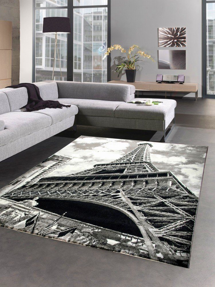 Teppich Designer Teppich Paris Eiffelturm Motiv grau schwarz, Carpetia, rechteckig, Höhe: 11 mm