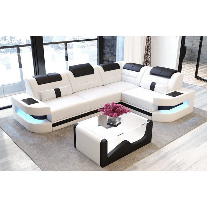 Sofa Dreams Ecksofa Como - L Form Ledersofa Couch mit LED wahlweise mit Bettfunktion als Schlafsofa Designersofa