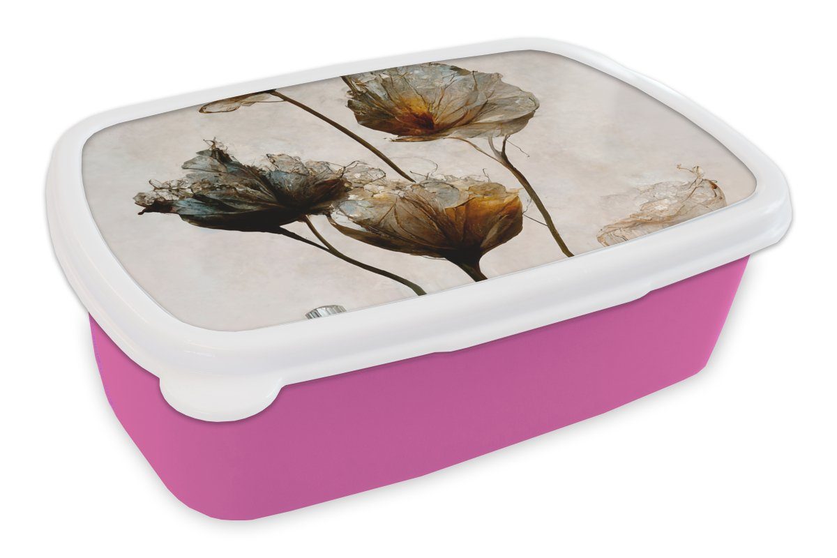Erwachsene, MuchoWow Kinder, - Kunststoff, Blumen - Lunchbox Pflanzen rosa für Vintage - Brotdose Snackbox, Abstrakt, Kunststoff Brotbox (2-tlg), Mädchen,