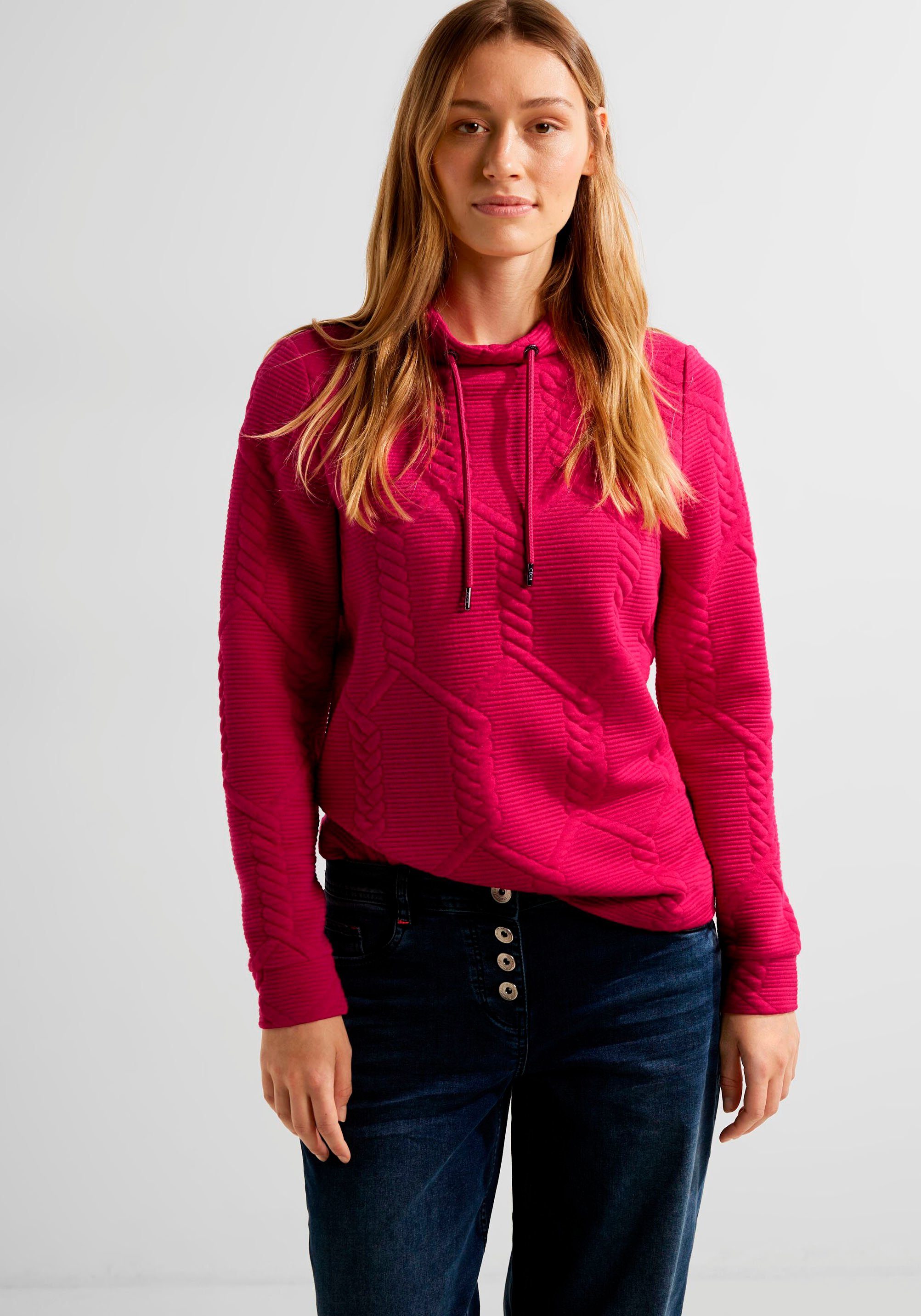 Langarmshirt mit Cecil weitenverstellbarem cosy Kragen coral