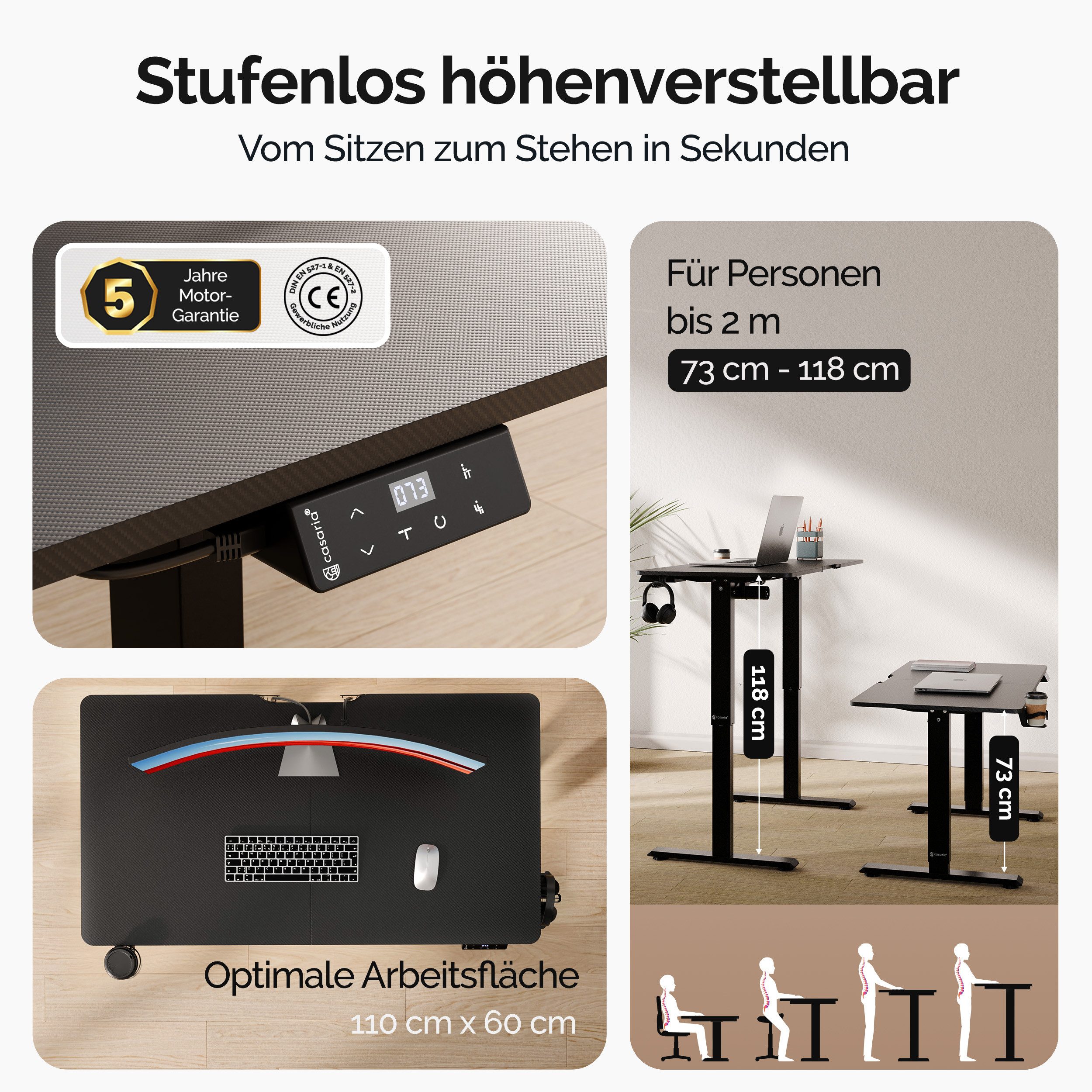 Casaria Schreibtisch, Elektrisch LCD- Display 73-118cm 110x60cm Stahlgestel günstig online kaufen