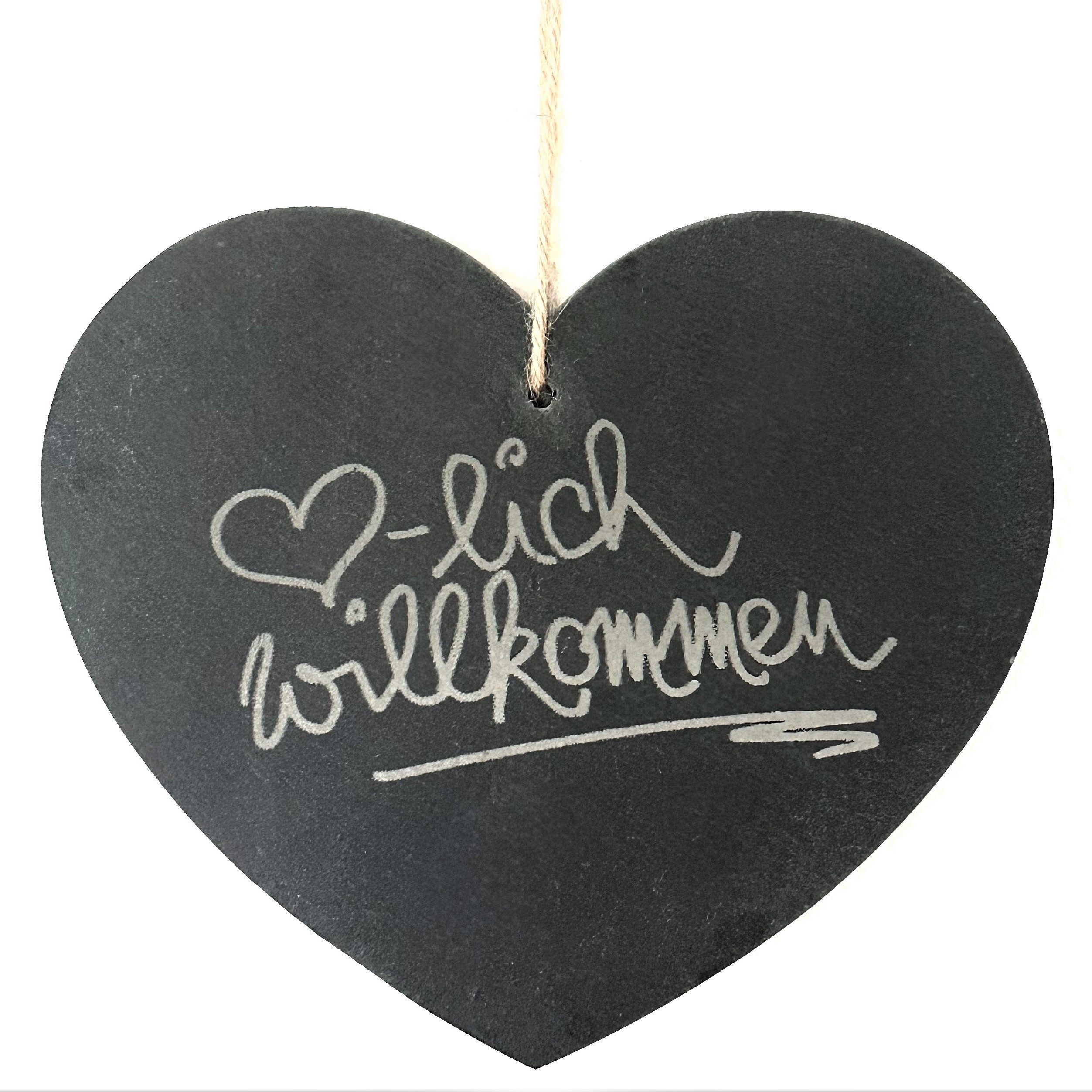 naninoa GmbH Hängedekoration SCHIEFER-HERZ Hänger "Herzlich Willkommen" 20x17cm. Kanten GESCHNITTEN