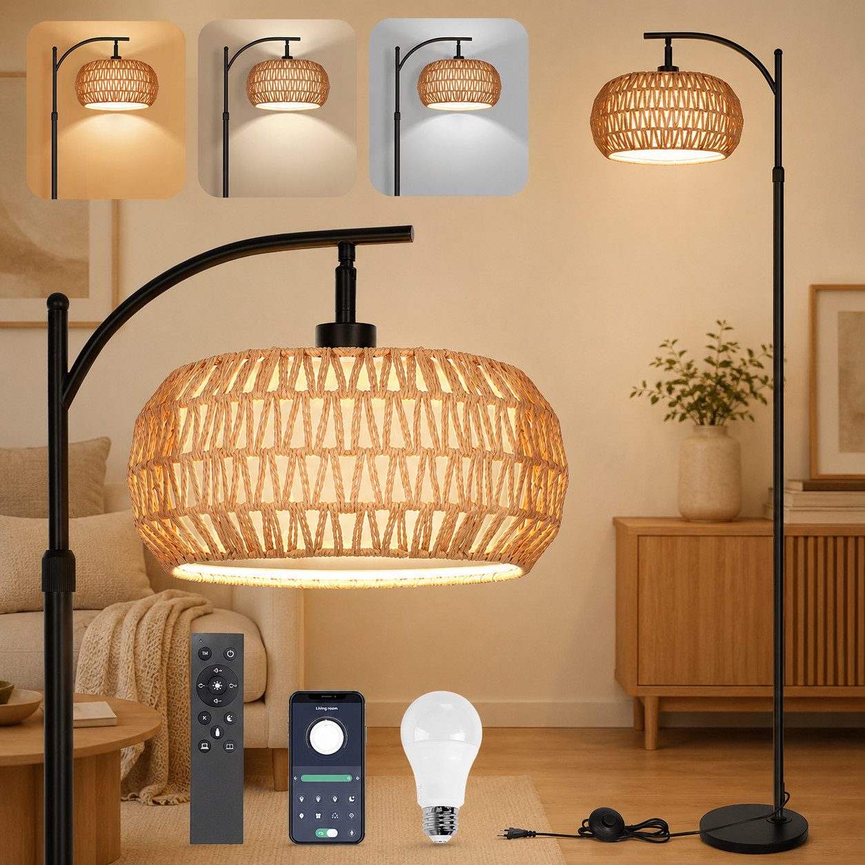 Sunicol LED Stehlampe Doppelter Lampenschirm Stehlampe mit Fernbedienung und Smart Glühbirne, Dimmbar Rattan Stehlampe, App-Steuerung, für Wohnzimmer Schlafzimmer