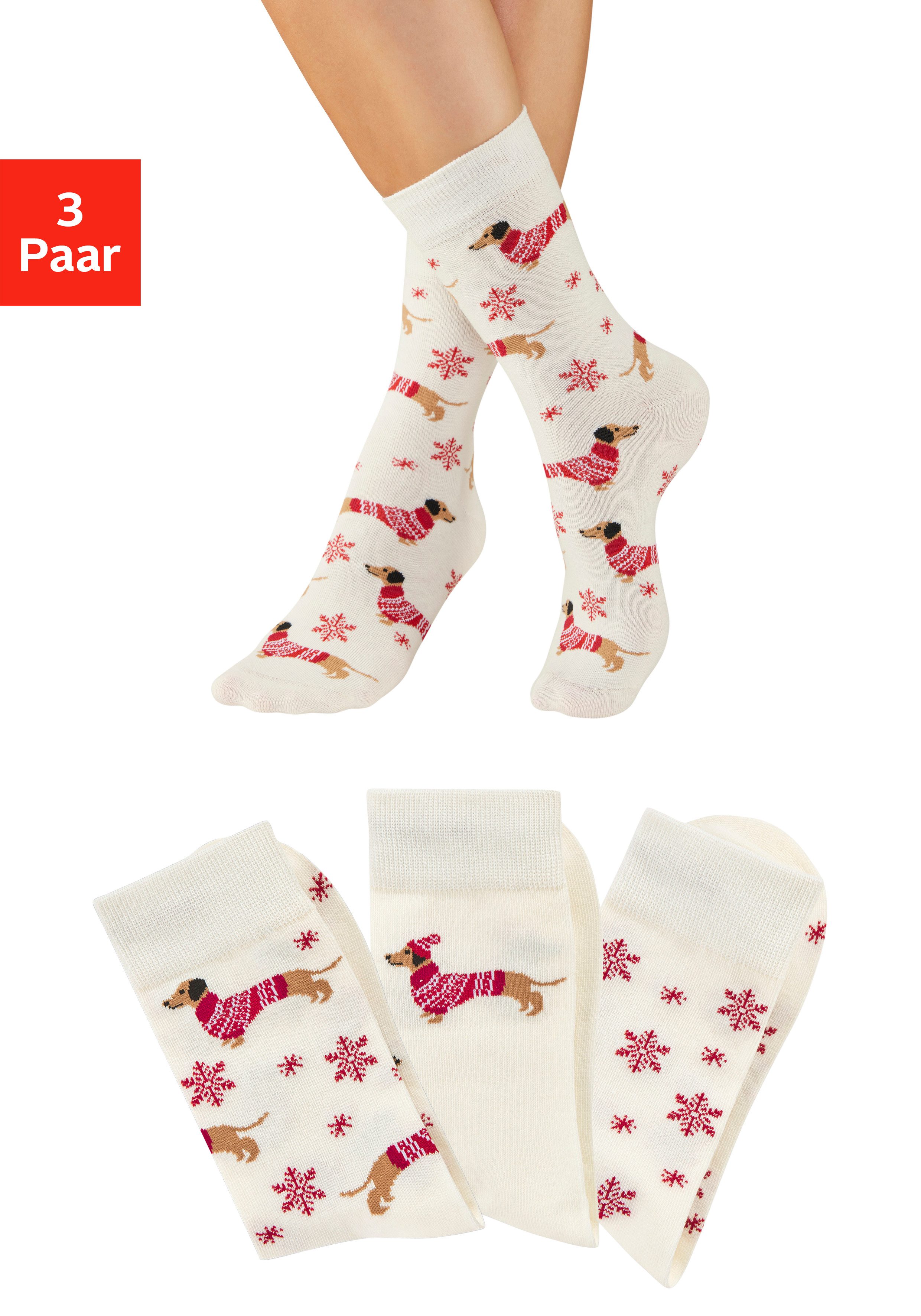 LASCANA Socken (Packung, 3-Paar) mit weihnachtlichem Dackelmotiv günstig online kaufen
