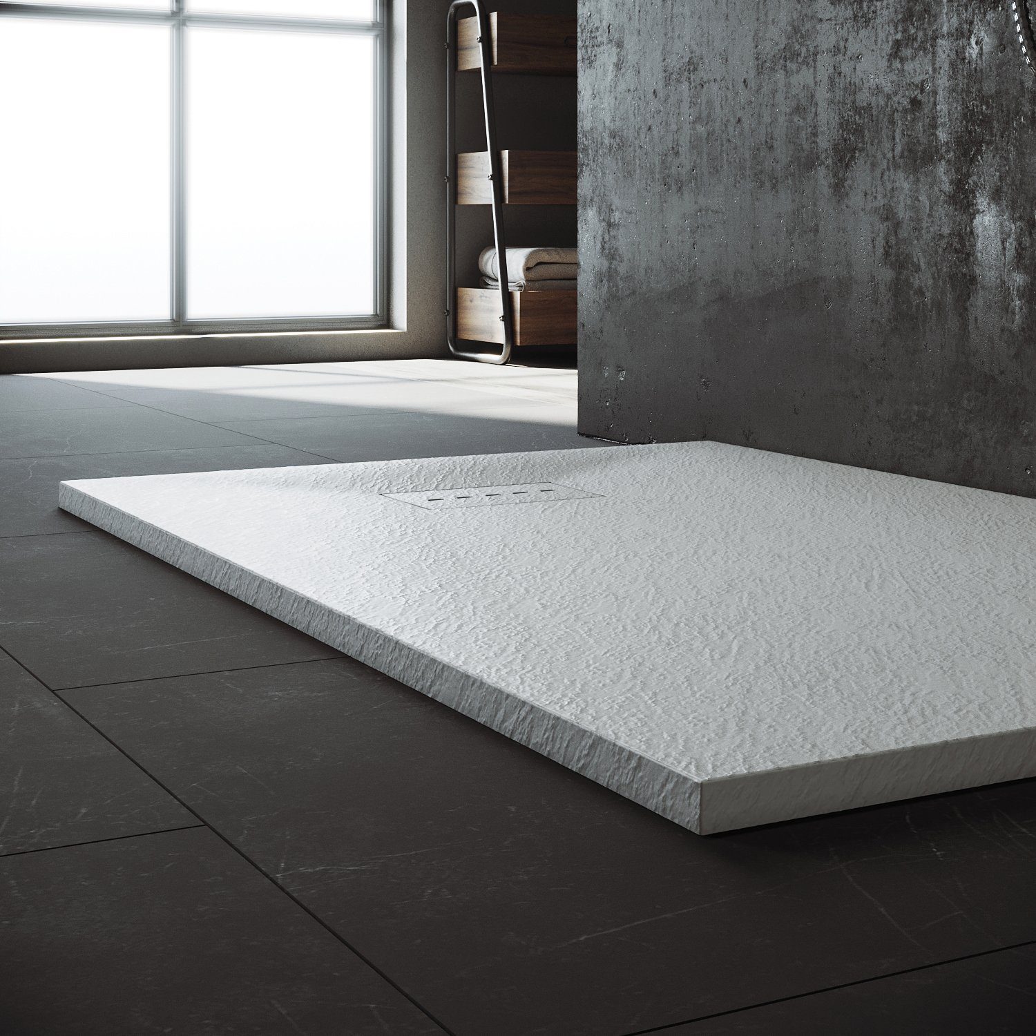 SONNI Duschwanne Schieferoptik, SMC, Duschtasse, Weiß, mit Siphon,100-160cm, Antirutsch,Flach, inkl. ABlaufgarnitur, Rechteckig, Inklusive Siphon.