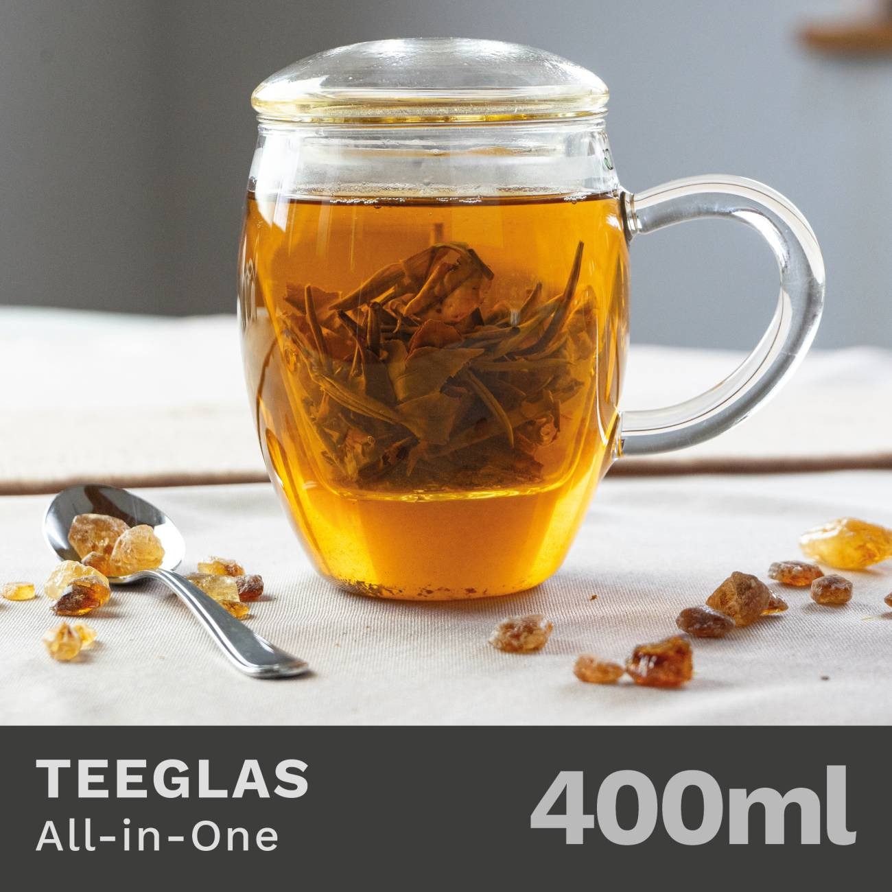 Creano Teeglas Teeglas “All in One” mit Glasfilter, 400ml, Borosilikatglas, 3-teilig