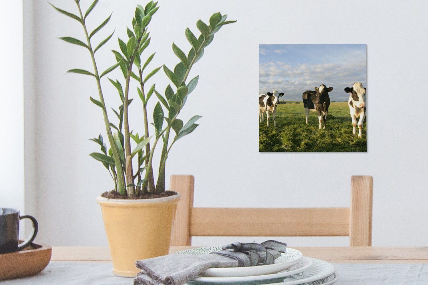 Bilder bunt Sonne Schlafzimmer Leinwandbild Leinwand -Tier, Wohnzimmer (1 St), - Kuh OneMillionCanvasses® für