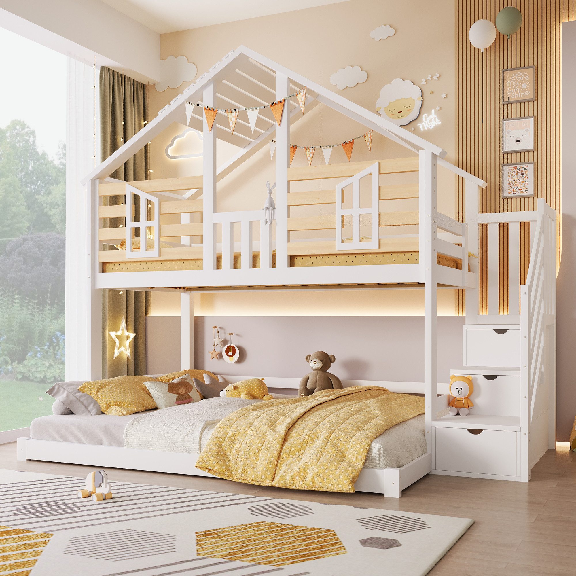 Flieks Etagenbett, Hausdesign Kinderbett 90x200cm+140x200cm mit Fenster & Stauraumtreppe