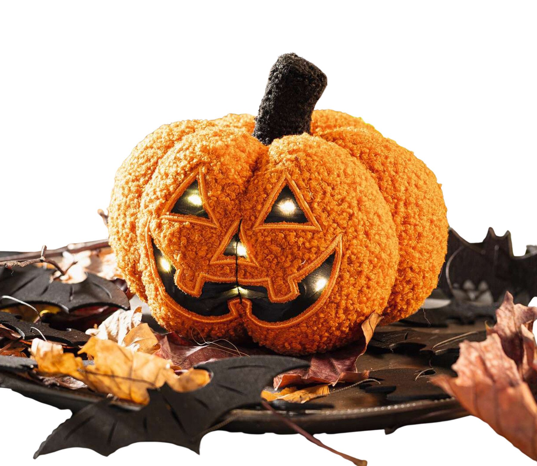 Dekoleidenschaft LED-Dekofigur "Halloween Kürbis" Deko aus Teddystoff, Herbstdeko Halloweendeko innen, Dekokürbis mit Beleuchtung, Herbst Dekoration Wohnzimmer