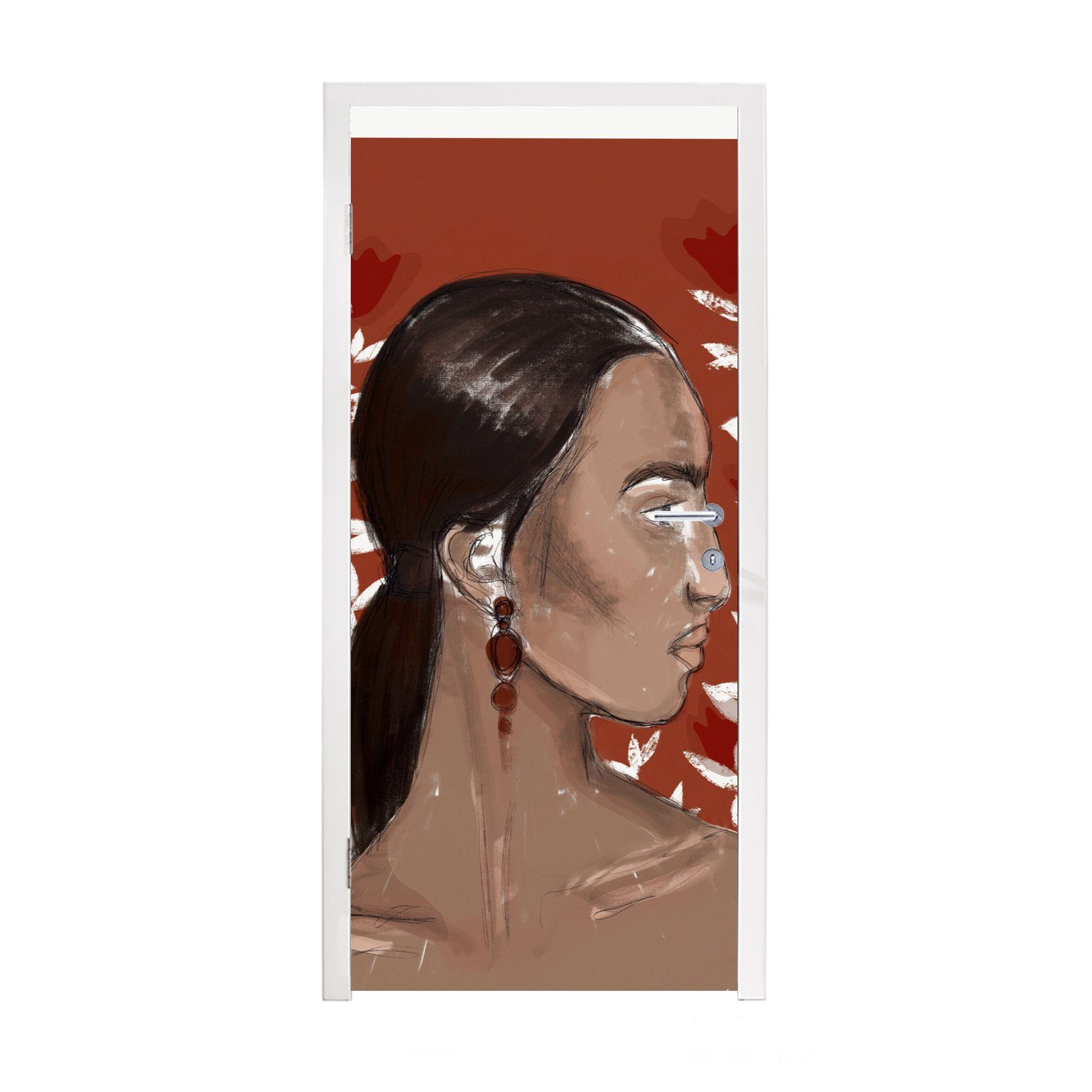 MuchoWow Türtapete Porträt - Frau - Rot - Blumen, Matt, bedruckt, (1 St), Fototapete für Tür, Türaufkleber, 75x205 cm