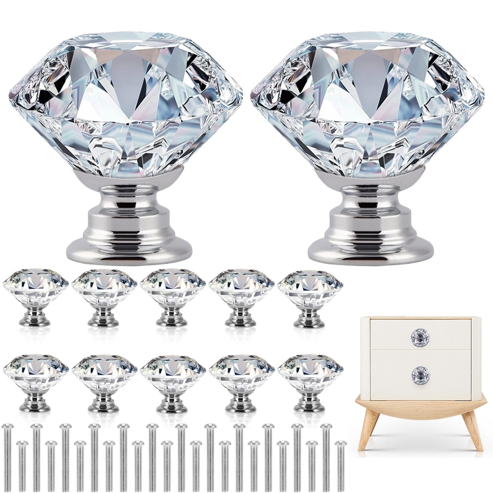 BlingBin Möbelknopf 12 Stück Kristall Schubladenknöpfe, Diamant Möbelknöpfe Schrankknöpfe (12er Set, 12-St., Transparent), 30 mm Ziehgriffe, Küchenschrankknöpfe für Kommoden, Schubladen