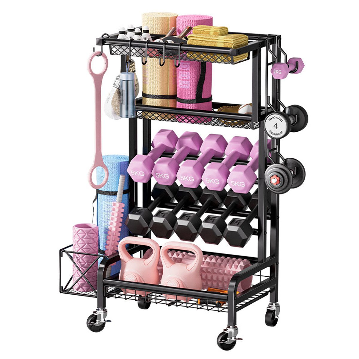 MECO Kurzhantelständer, 4-stöckiges Regal auf Rollen, stabile Aufbewahrung