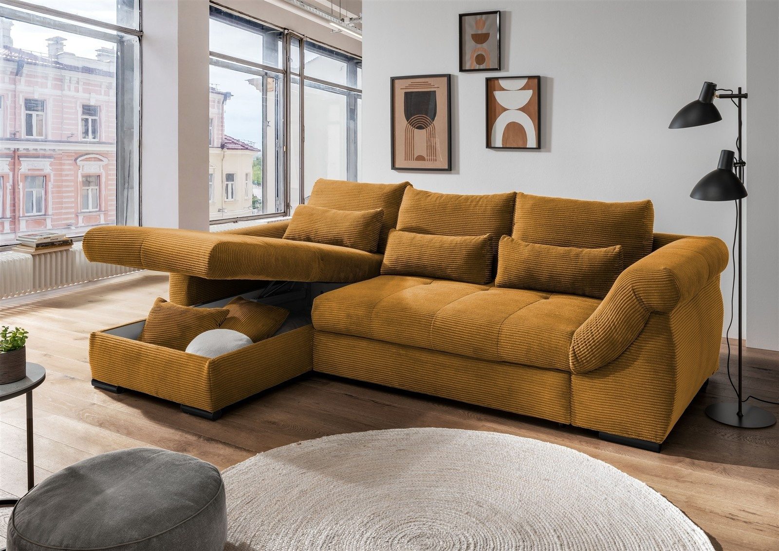 freiraum Polsterecke Felicia, Schlaffunktion, Stauraum, Cord gold - 302x89x188cm (BxHxT)