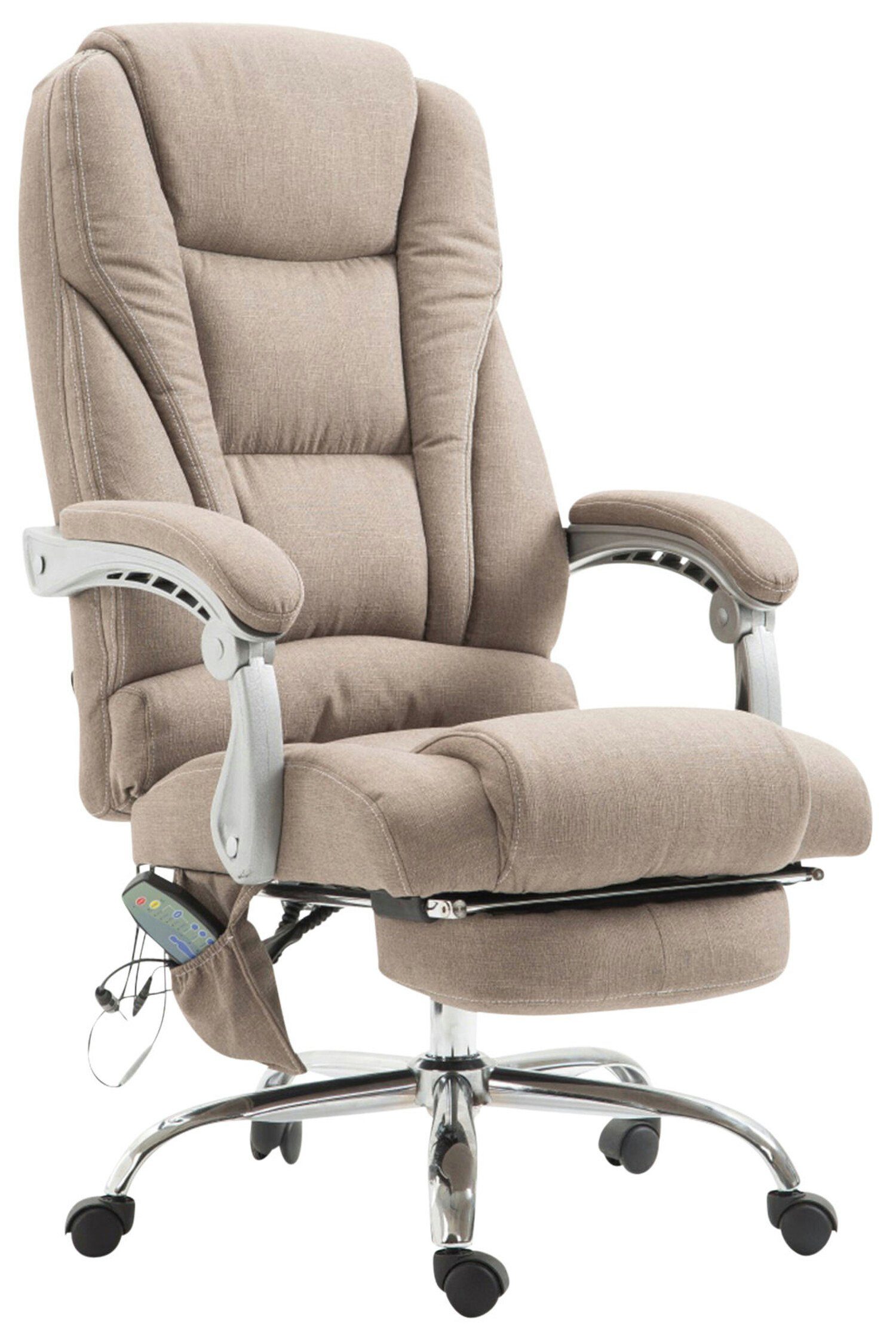 TPFLiving Bürostuhl Pacira mit Massagefunktion - höhenverstellbar und 360° drehbar (Schreibtischstuhl, Drehstuhl, Chefsessel, Bürostuhl XXL), Gestell: Metall chrom - Sitzfläche: Stoff taupe