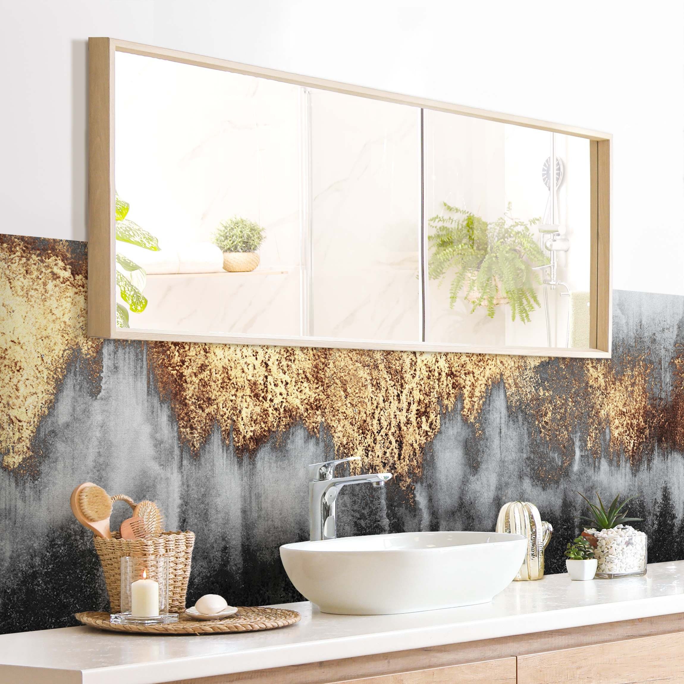 Bilderdepot24 Badrückwand gold fugenlose Wandverkleidung Bad Abstrakt, (Hartfolie matt » Selbstklebend SMART 0,35 mm), wasserfestes Wandpaneel Goldspuren Aquarell