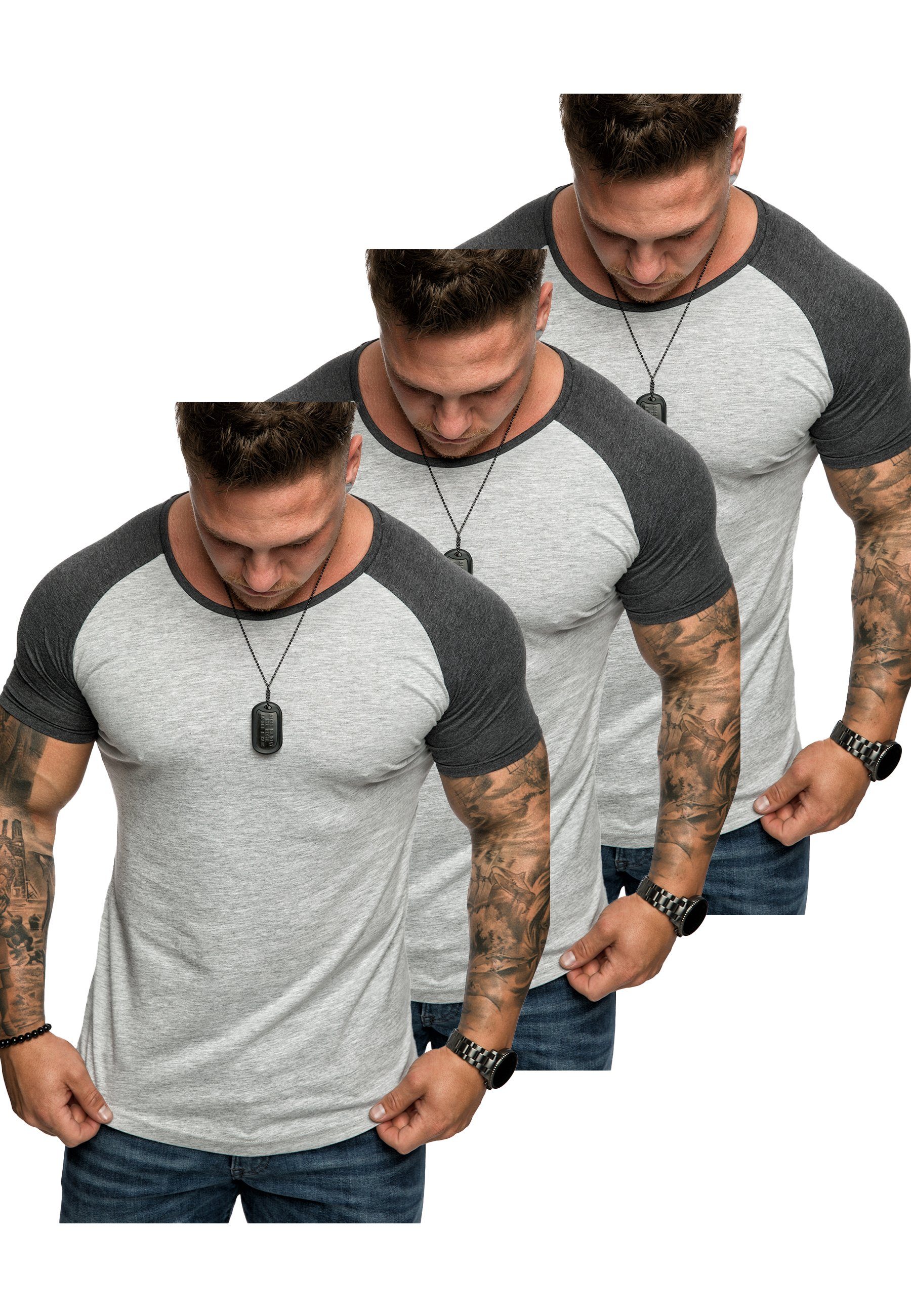 Basic Kontrast T-Shirt T-Shirt Oversize OMAHA 3. T-Shirts Grau/Anthrazit) Raglan Herren Amaci&Sons (3er-Pack) (3x 3er-Pack