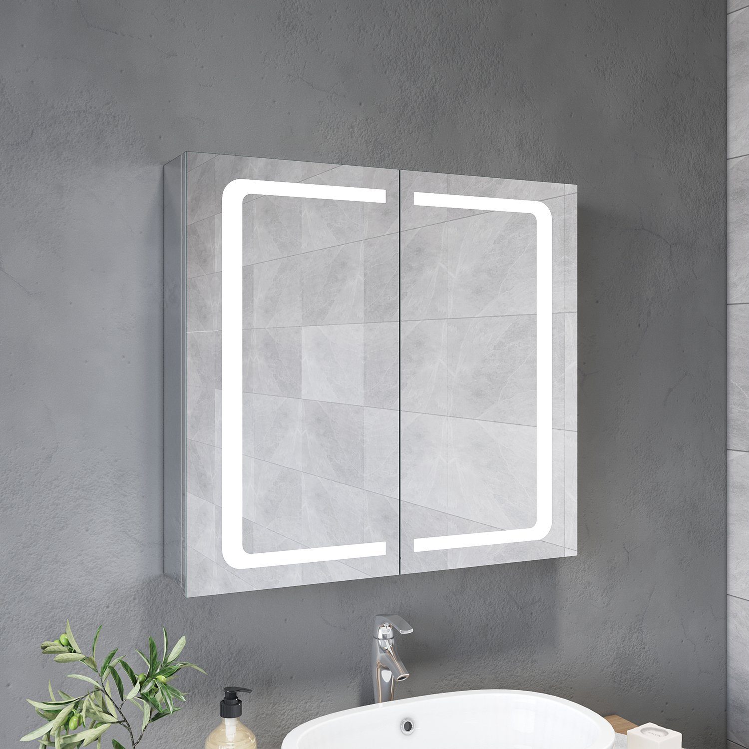 SONNI Badezimmerspiegelschrank Spiegelschrank 2-türig Bad Steckdose, Badschrank, LED Breite Beleuchtung Badezimmerspiegelschrank 70cm Badspiegel