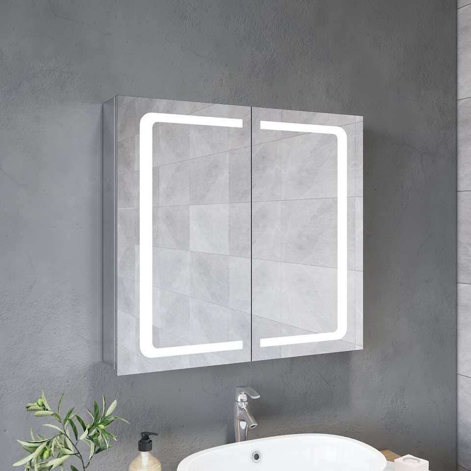 SONNI Badezimmerspiegelschrank Spiegelschrank 2-türig Bad LED Beleuchtung  Badspiegel 70cm Breite Steckdose, Badschrank, Badezimmerspiegelschrank
