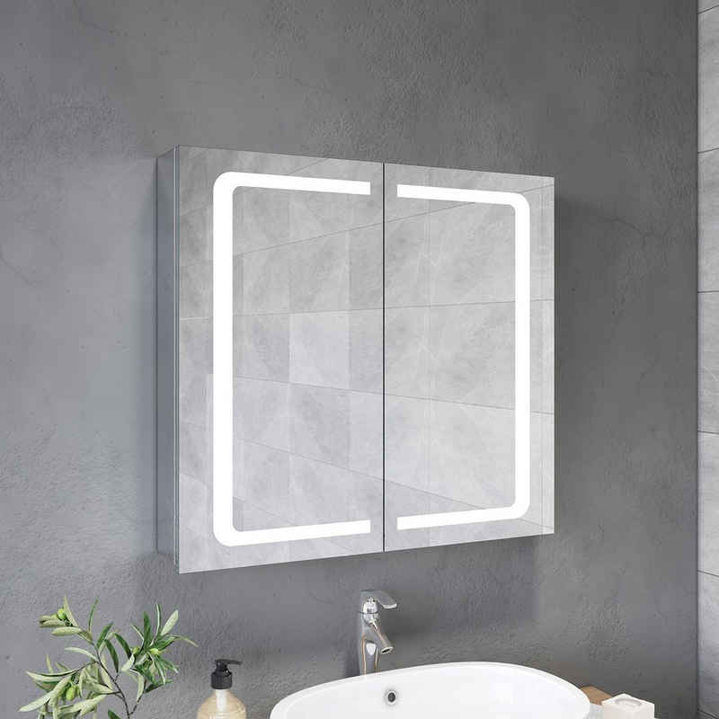 SONNI Badezimmerspiegelschrank Spiegelschrank 2-türig Bad LED Beleuchtung Badspiegel 70cm Breite Steckdose, Badschrank, Badezimmerspiegelschrank