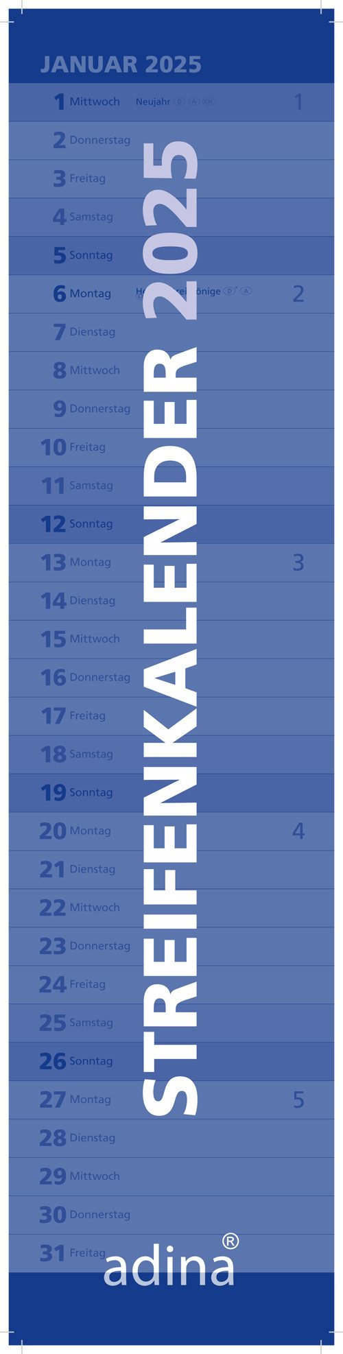 ADINA Wandkalender 2025 ADINA Streifenkalender XL blau 49,5x11,3cm Monatskalender