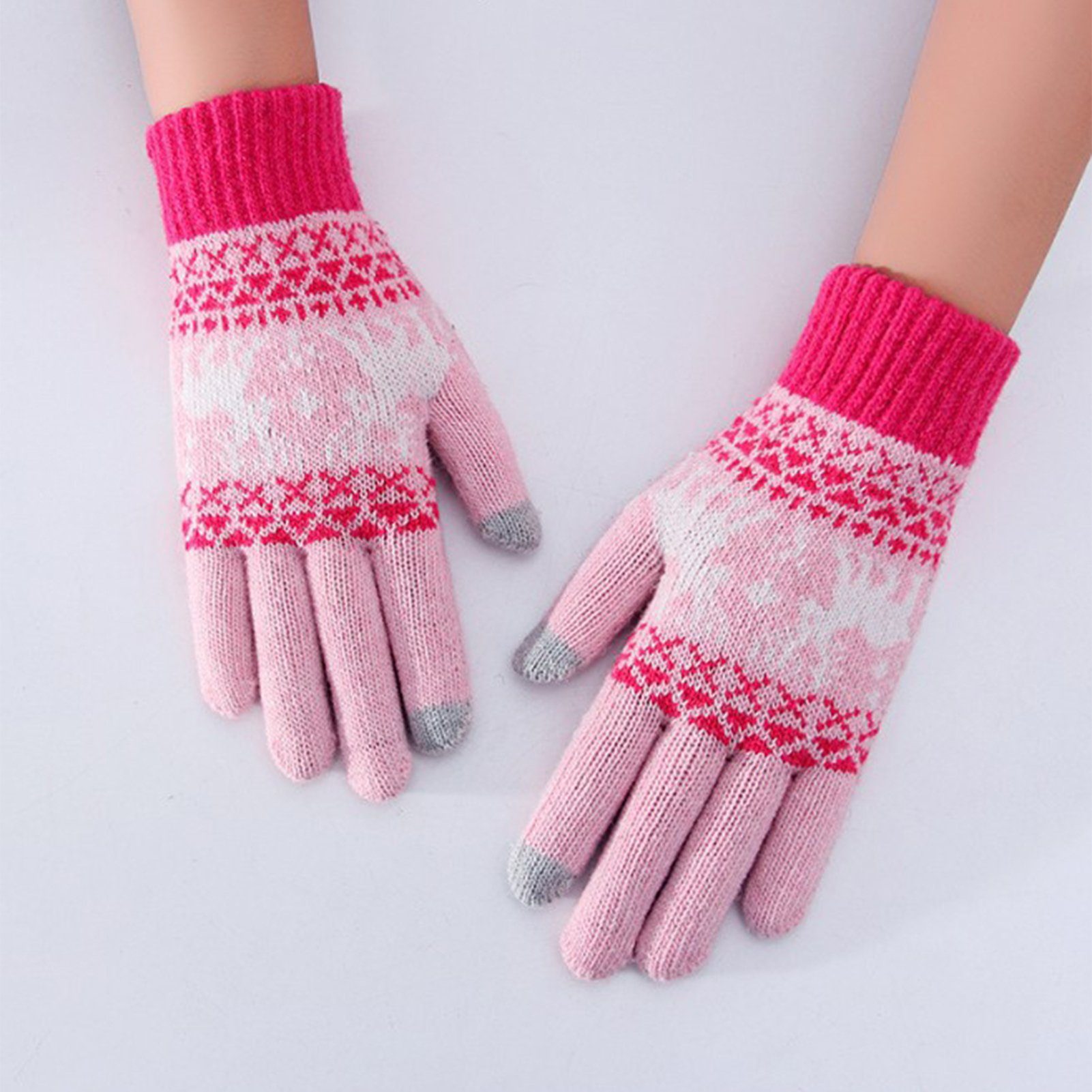 Blusmart Strickhandschuhe Verdickte Wärmende Damenhandschuhe, Gestrickte Touchscreen-Handschuhe Fleecehandschuhe pinke Rose