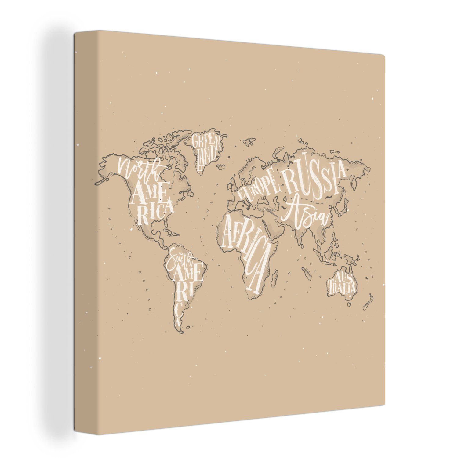 OneMillionCanvasses® Leinwandbild Weltkarte - Braun - Weiß - Buchstaben, (1 St), Leinwand Bilder für Wohnzimmer Schlafzimmer