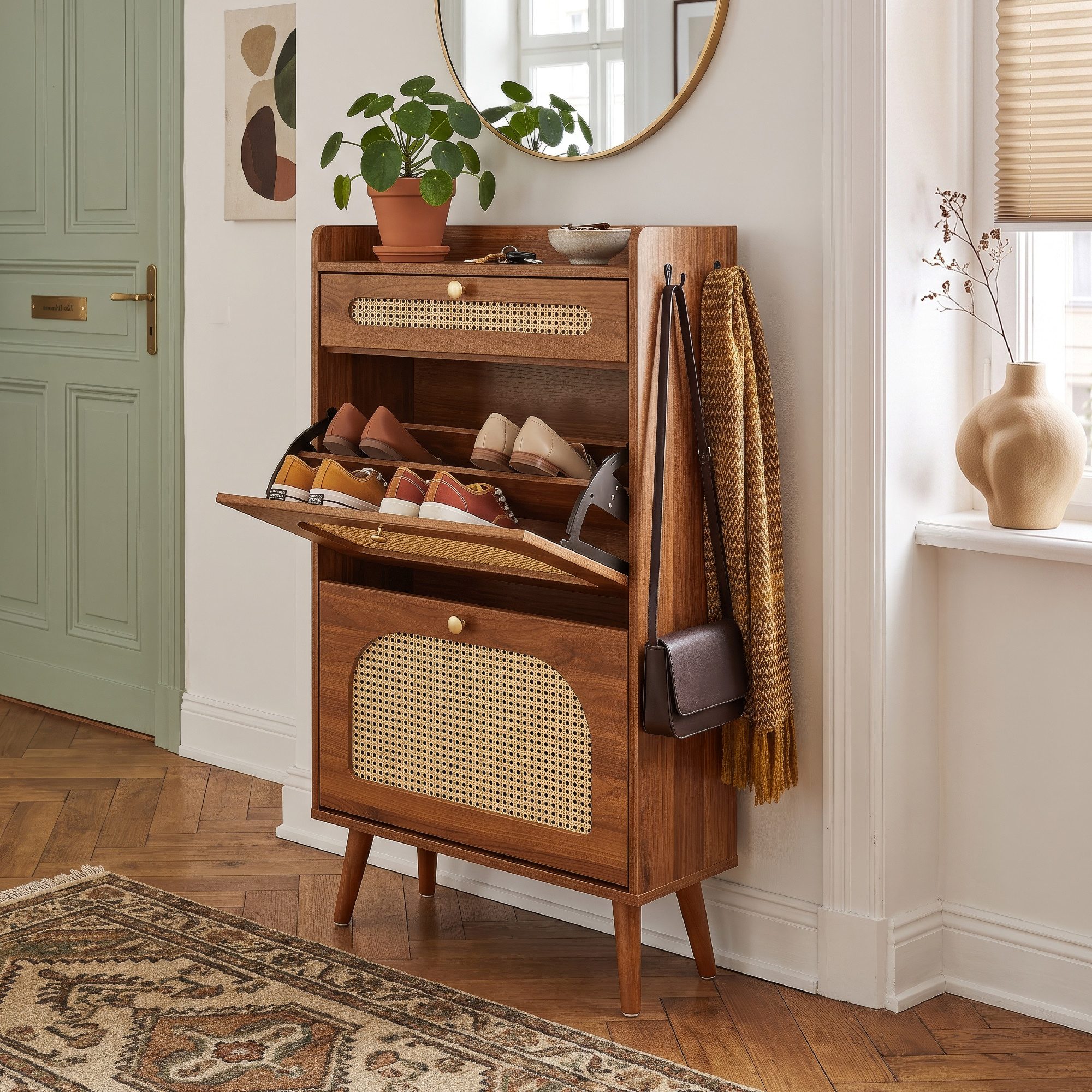 en.casa Schuhkipper, »Virievarnu« mit Schublade und Haken 111x60x24 cm Walnussoptik