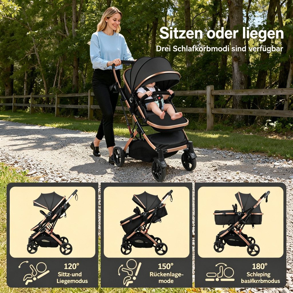 Rutaqian Kombi-Kinderwagen Kombi-Kinderwagen mit Babywanne, Faltbarer Babywagen mit Umkehrbarem, Baby Kinderwagen mit Sonnenverdeck, Stoßdämpfung und 5-Punkt-Gurt 40kg