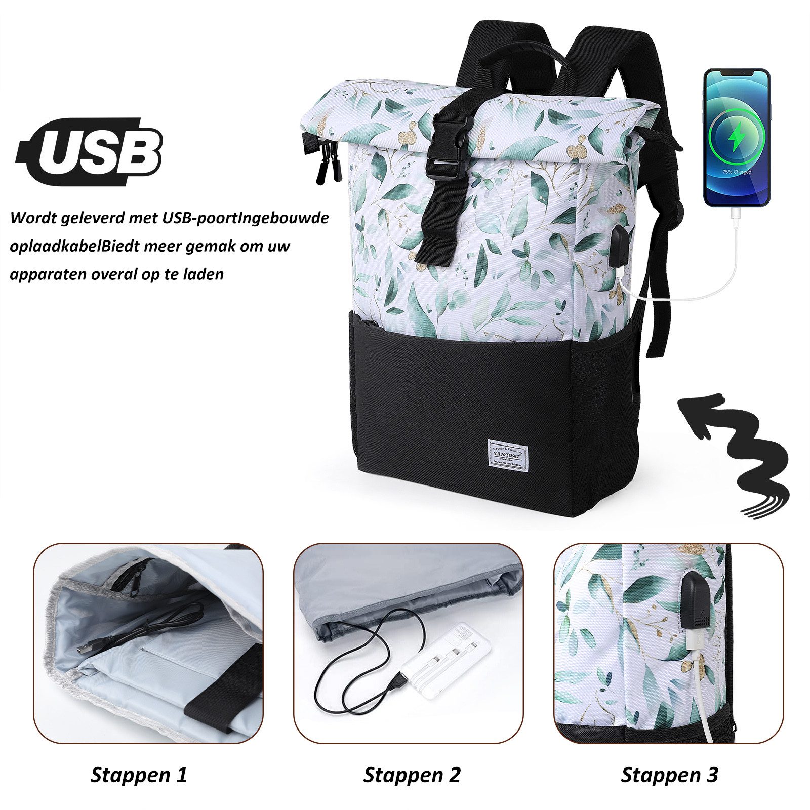 TANTOMI Freizeitrucksack Arbeitsrucksack Groß Damen lässiger Rolltop Rucksack Herren Backpack, mit Laptopfach bis 15,6 zoll und externen USB-Anschluss – Bild 4 von 5
