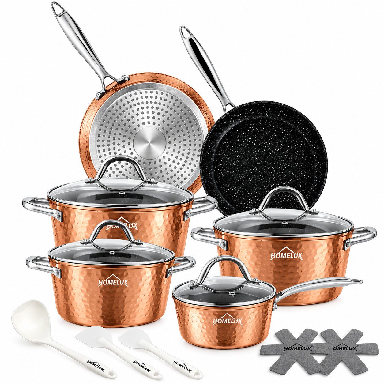 HOMELUX Topf-Set 15 tlg Topfset Induktion, Antihaftbeschichtung Töpfe mit Glasdeckel, Aluminium (Set, 24/28 cm Pfannen + 20/24/28 cm Kochtöpfe + 16cm Kasserolle), Induktion