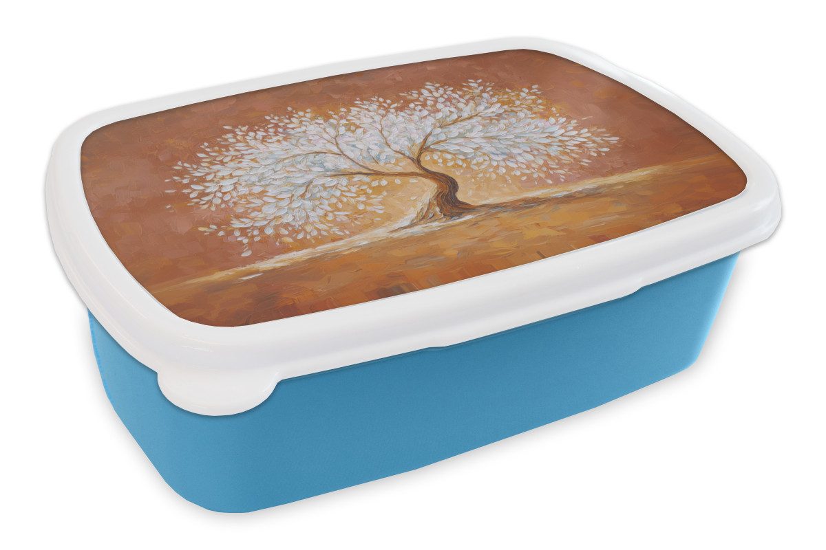 MuchoWow Lunchbox Abstrakt - Baum - Weiß - Blätter, Kunststoff, (2-tlg), Brotdose, Lunchbox, Brotbox für Kinder und Erwachsene