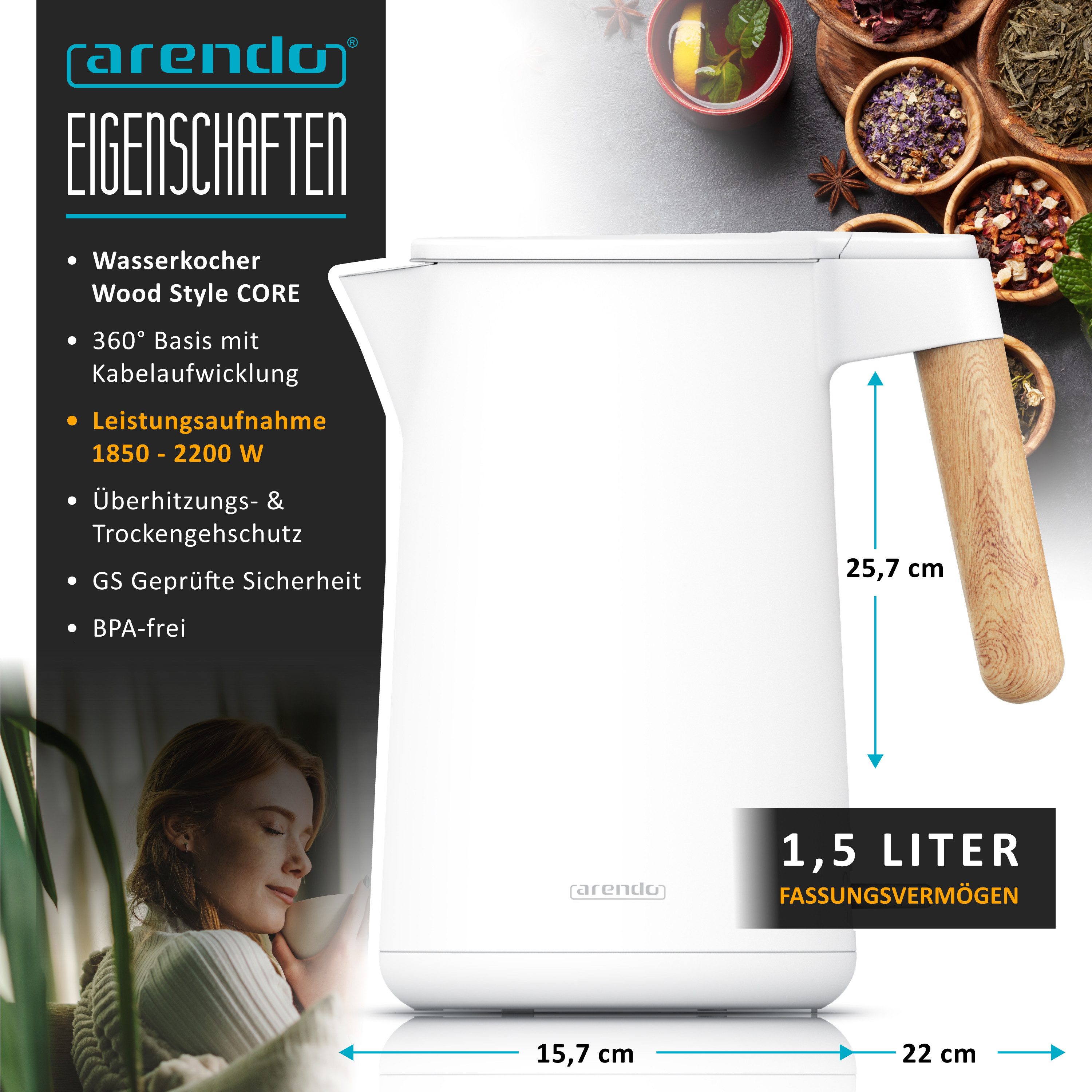 Arendo Wasserkocher Edelstahl, Doppelwand, Cool-Touch, 360° Basis, mit Griff in Holzoptik, 1,5 l, 2200 W, Trockengehschutz & Überhitzungsschutz, BPA-frei, GS Geprüft
