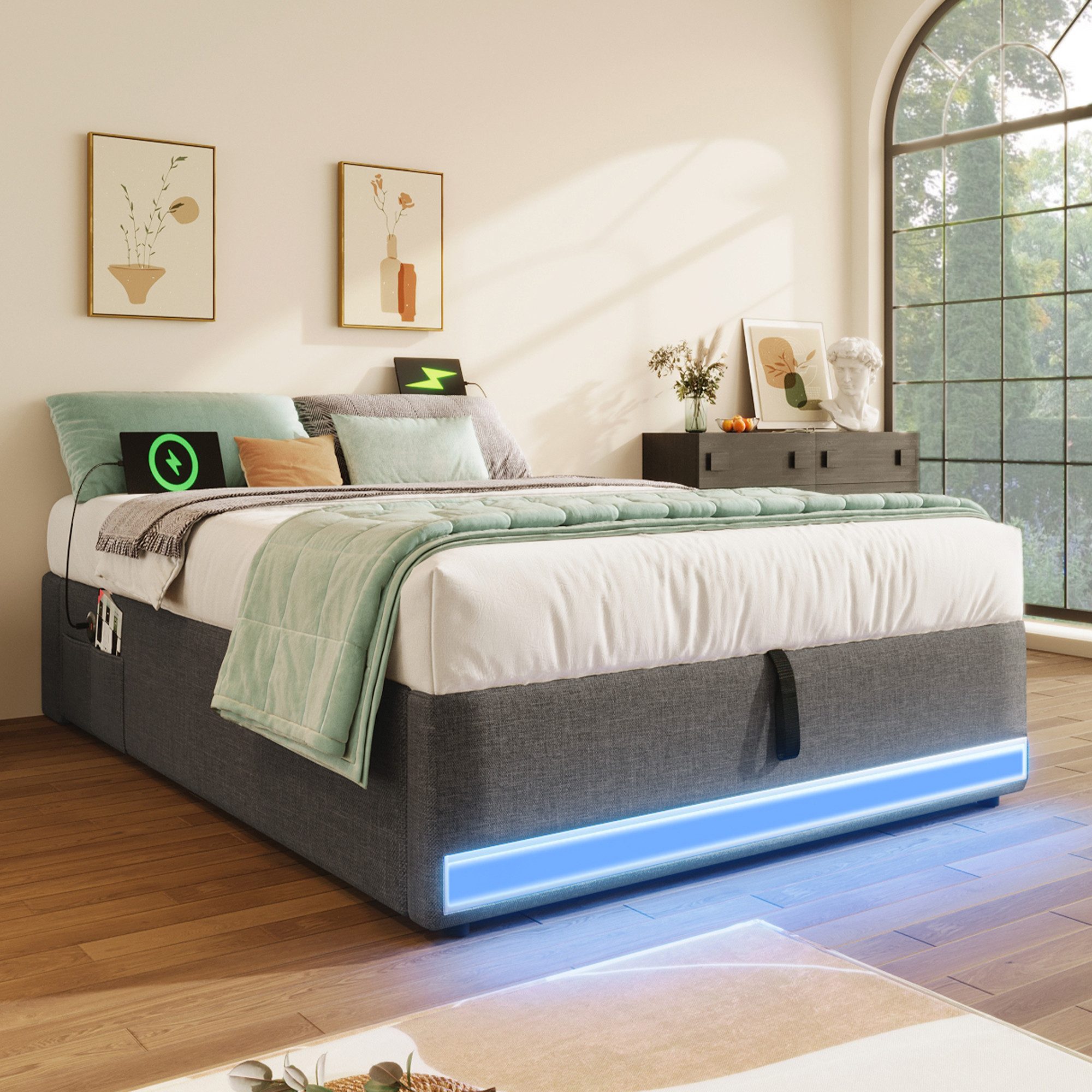 SOFTWEARY Futonbett mit LED-Beleuchtung und Aufbewahrung (mit Mehrfachsteckdose, 90x200 cm), Einzelbett ohne Kopfteil, Leinen