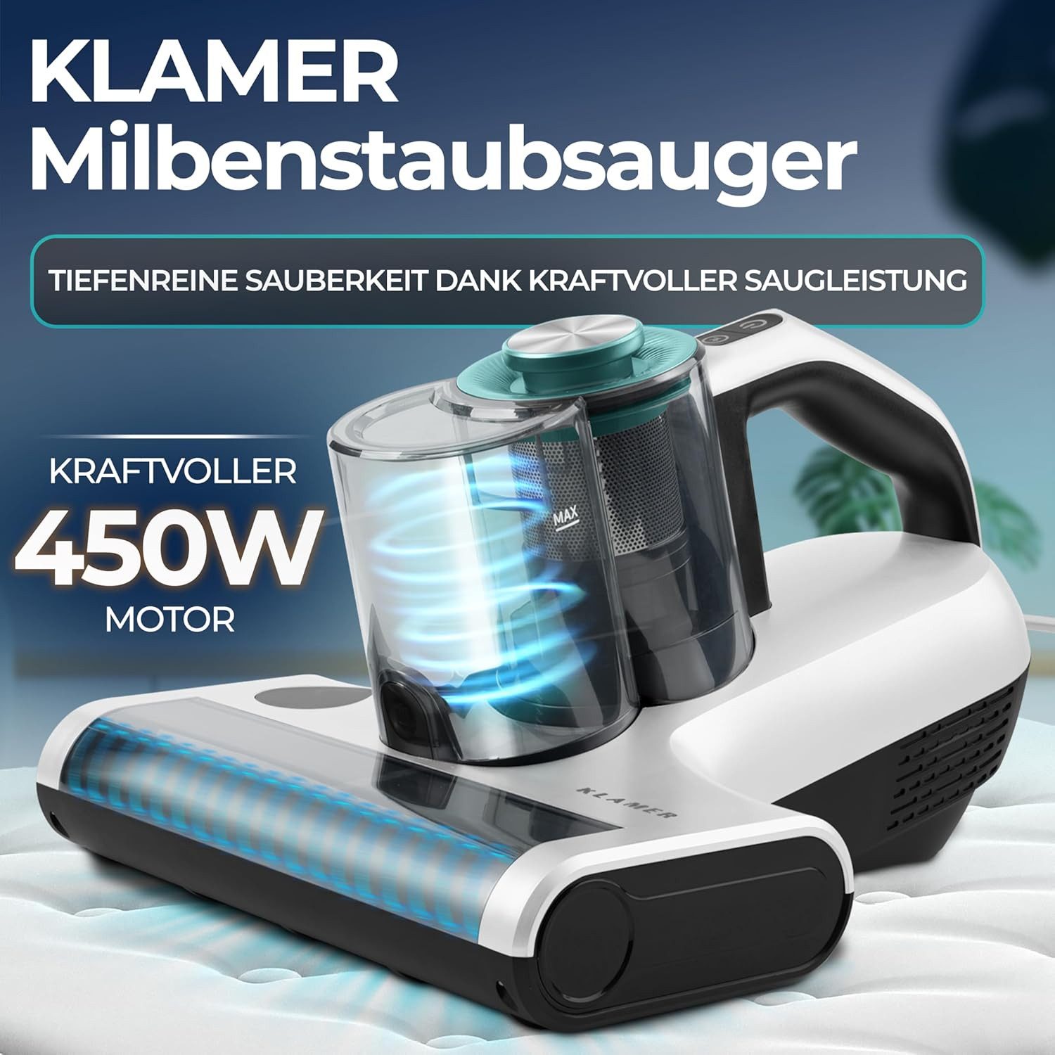 KLAMER Matratzenreinigungsgerät Milbenstaubsauger mit UV-Licht, Leistungsstarker 18kPa & 450W Milbens…, 450 W, Zyklon Filter, UV-Technologie, Schlagmodus, Ionisierungsfunktion, wechselbarer HEPA