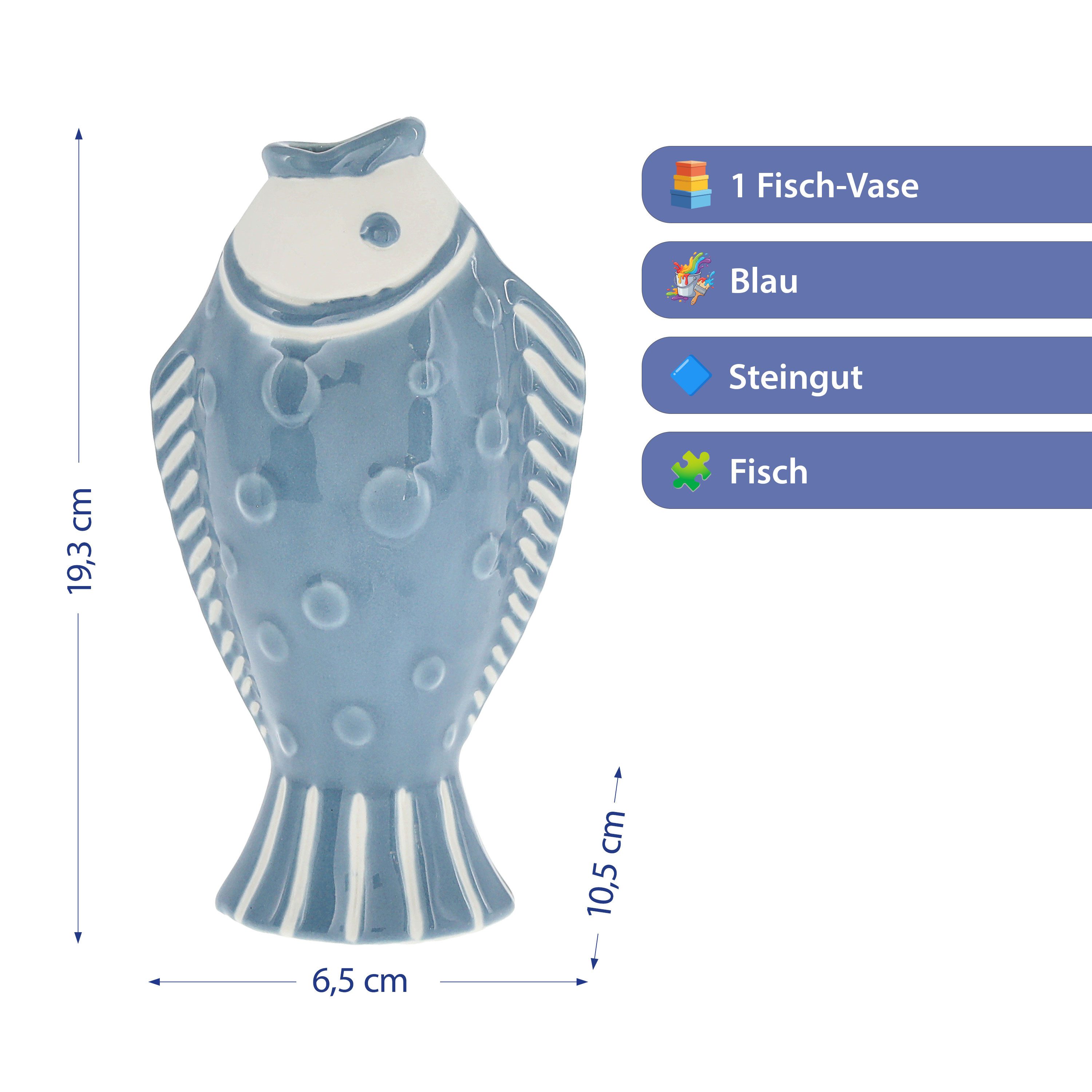 CEPEWA Dekovase Vase Fisch 'Blütenfisch' 7,5x19x10cm Steingut blau Dekovase Fischform – Bild 2 von 5